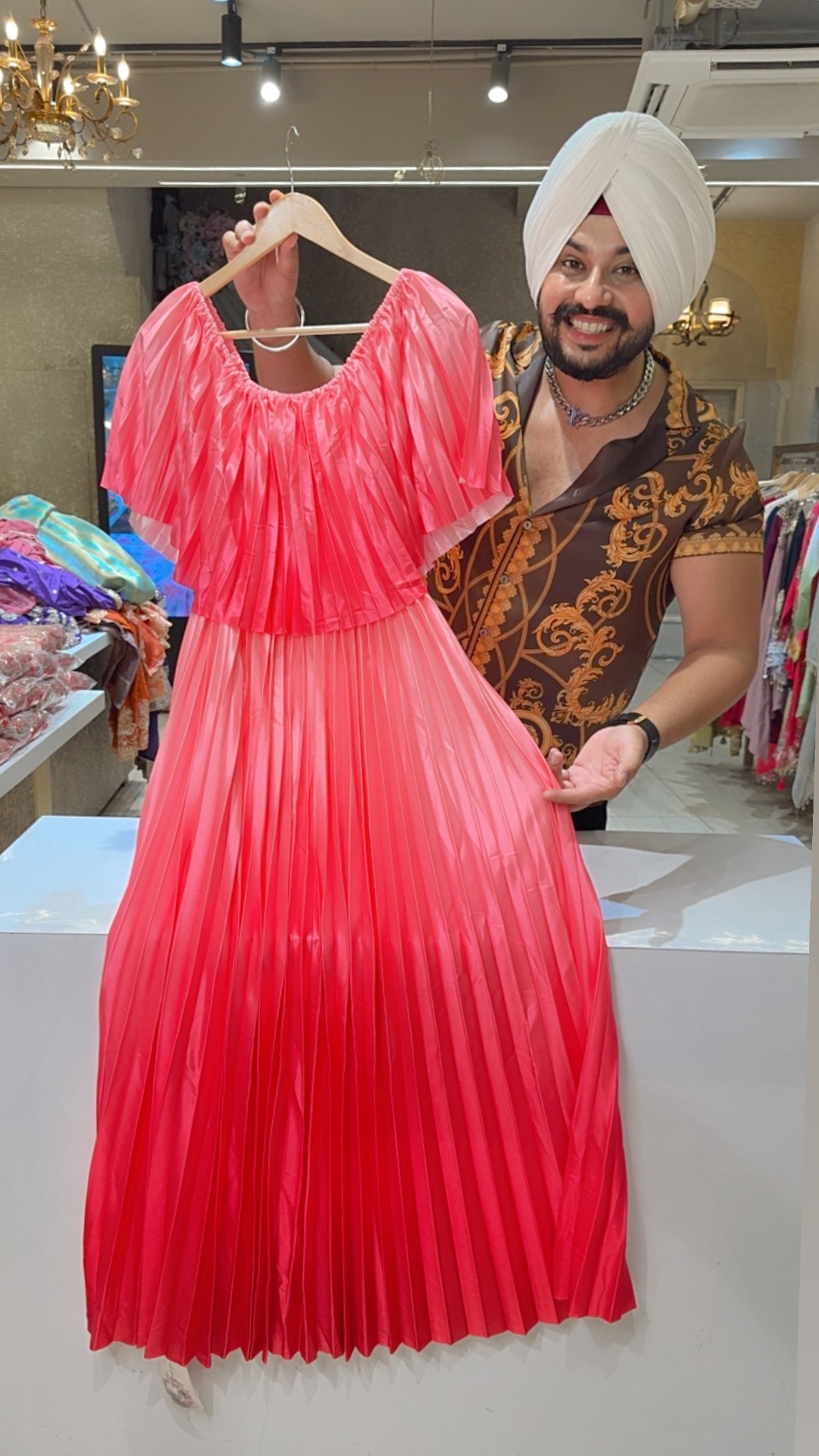 Pink Ombre print Satan Off Shoulder Western Dress