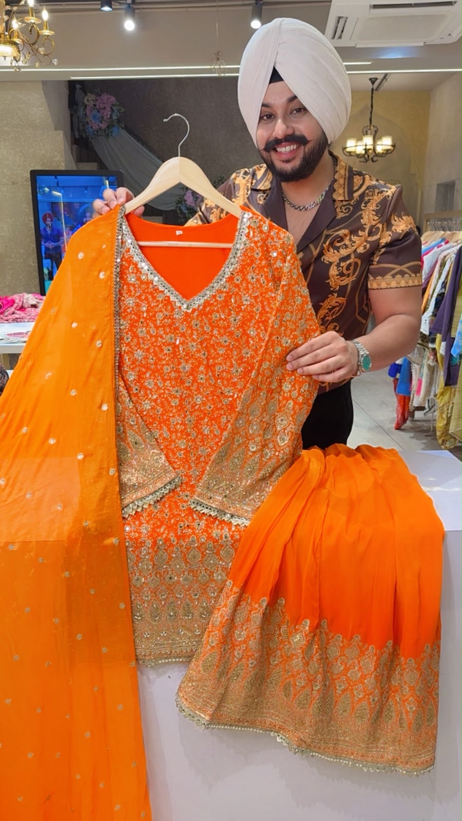 Orange Georgette Heavy Embroidered & Mirror Pasting Suit with Full Flair ombre print Sharara & Duppata