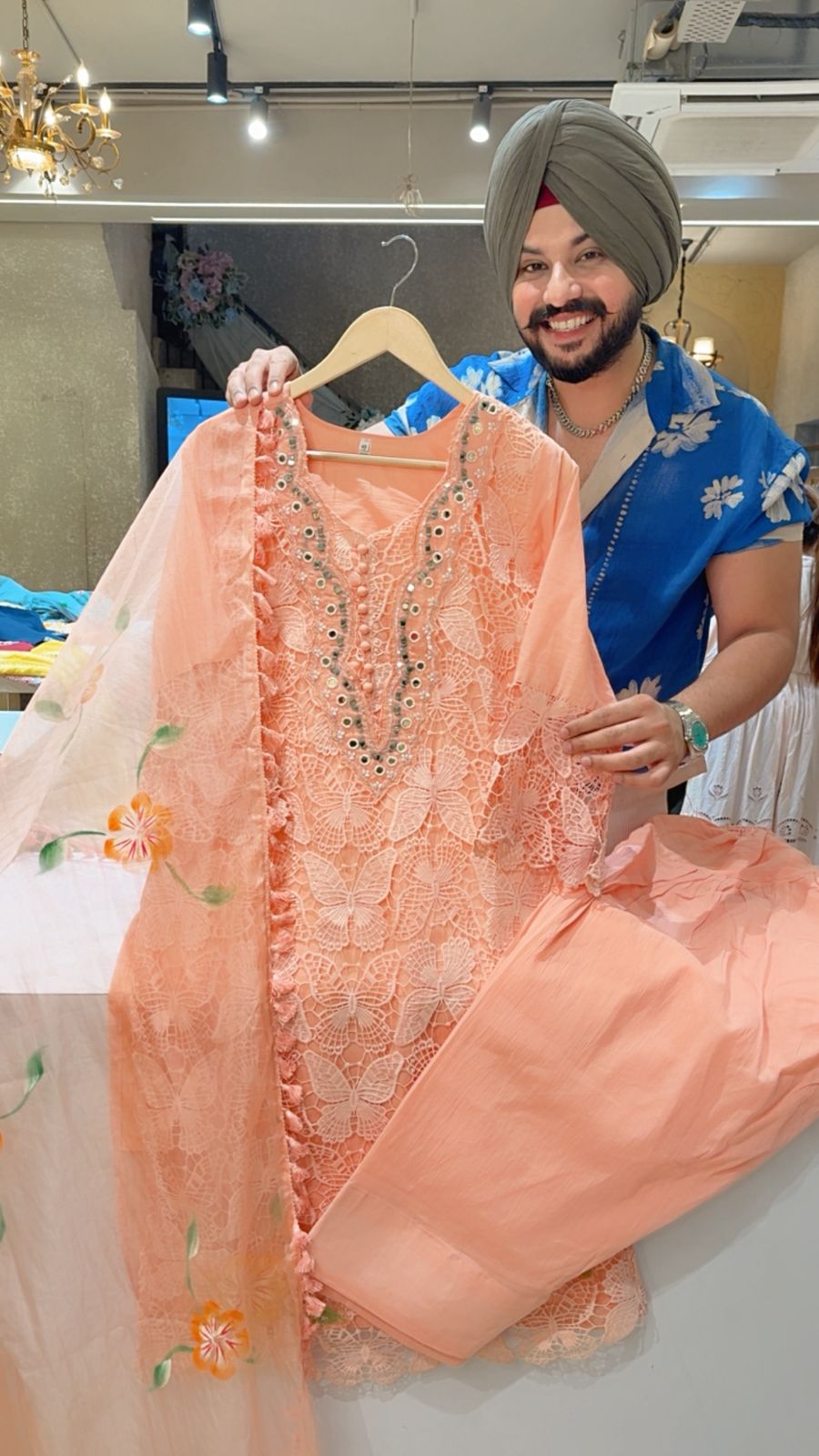 Peach Hand embroidered Butterfly Crochet Farshi Salwar Straight suit with Hand painted Organza Duppata