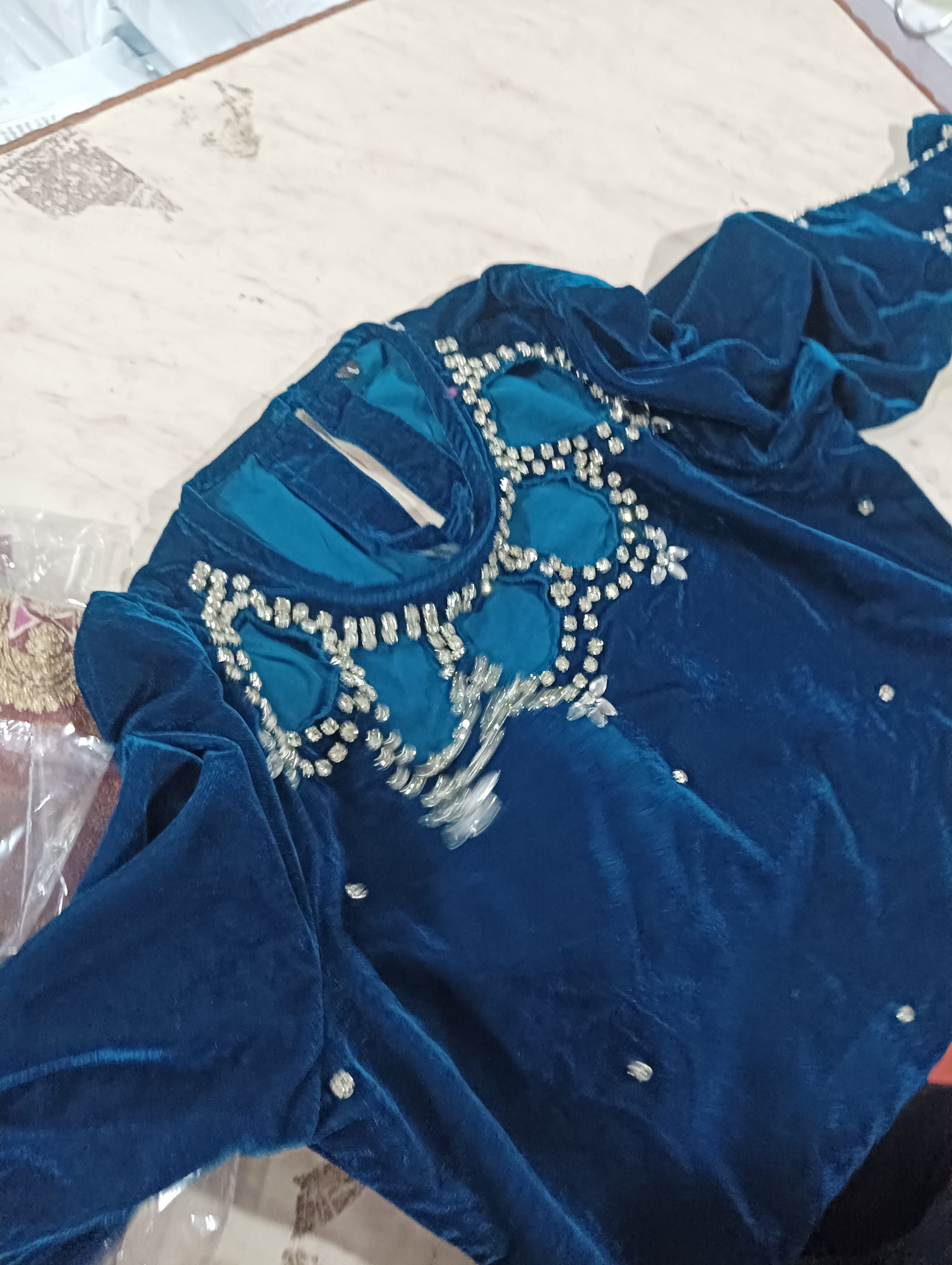 Teal Blue Velvet Designer Neck Coord set with Heavy Stone work on it