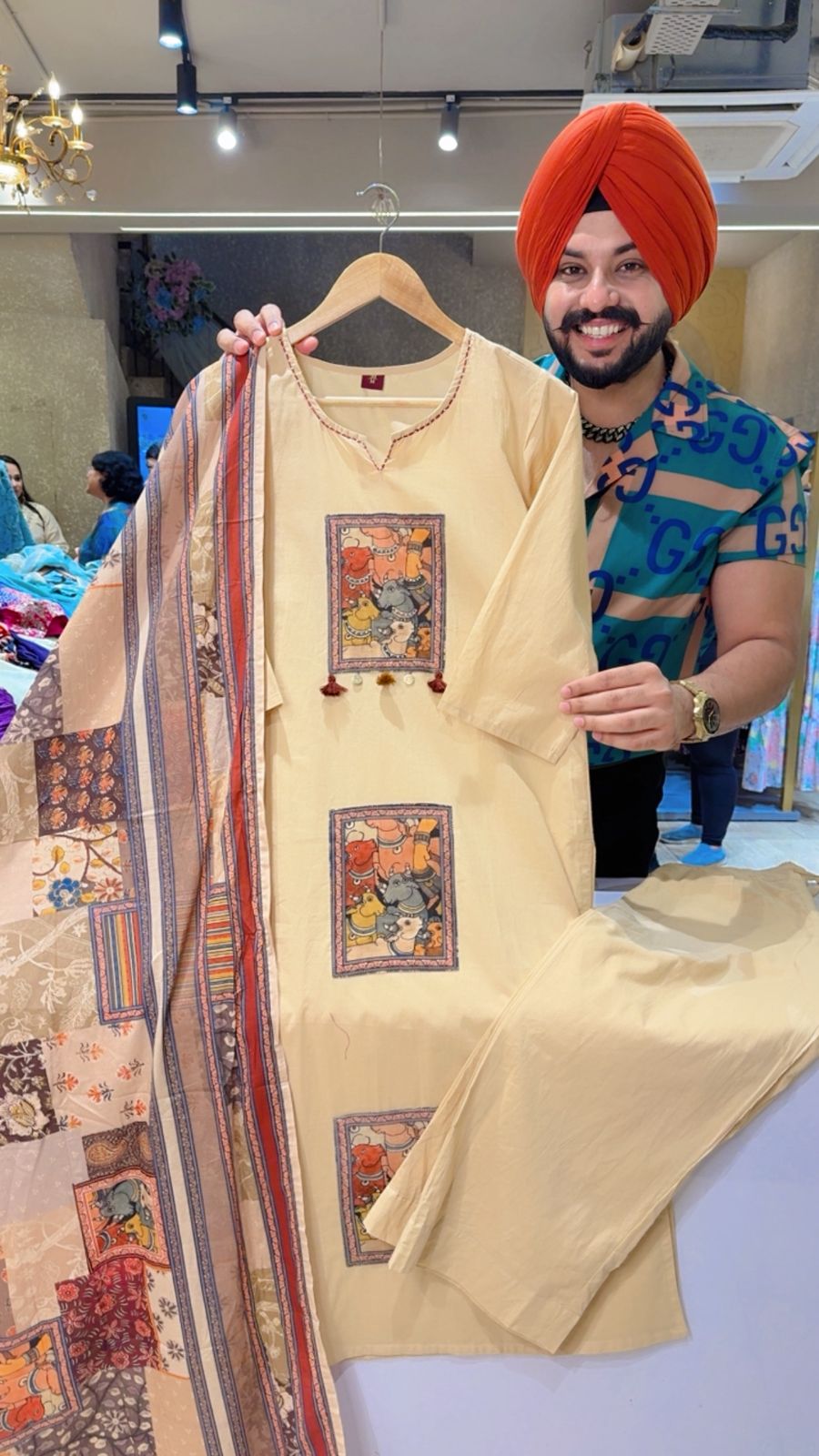 Light Beige Pure Cotton Animal Print office Wear Suit with Sleek embroidery Work on it