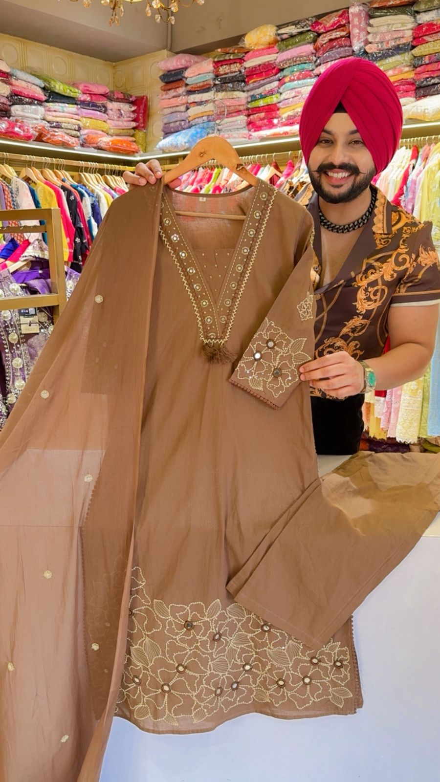English Brown Soft Cotton Semiformal Straight Suit with Heavy Embroidery work on sleeves & Border