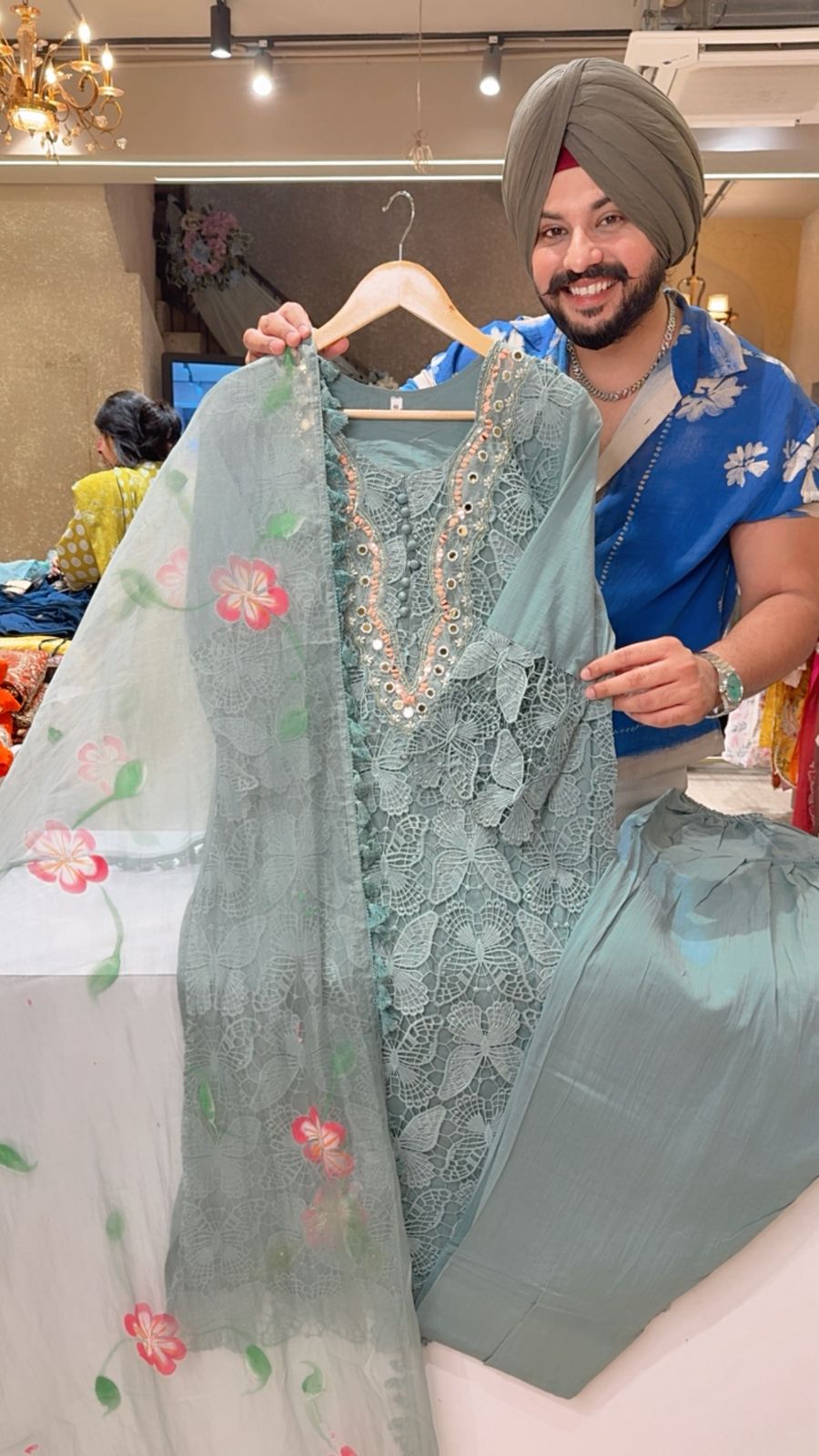 Sea Green Hand embroidered Butterfly Crochet Farshi Salwar Straight suit with Hand painted Organza Duppata