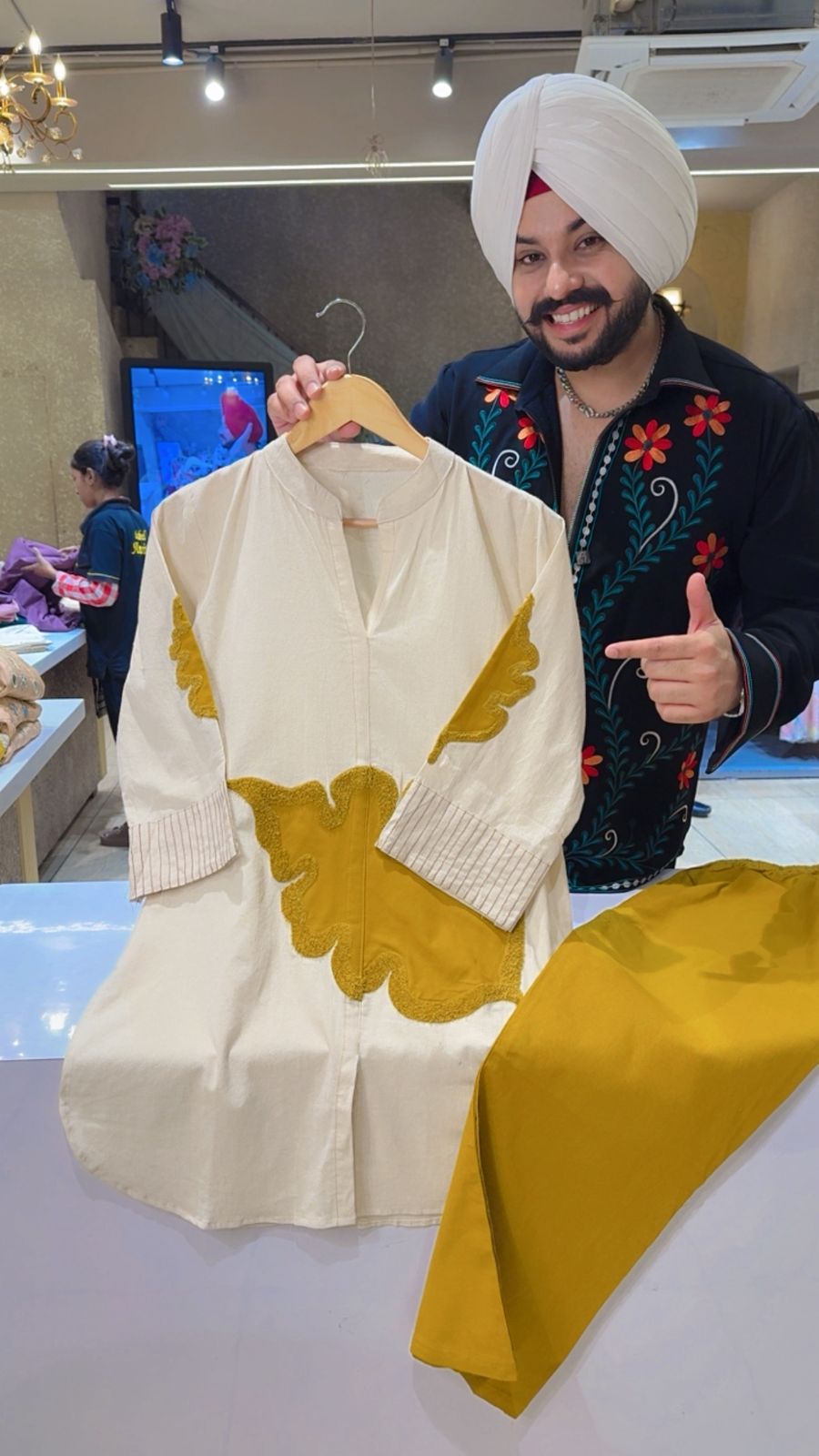 Off White & Mustard Soft Khaadi Summerish Semi Formal Coord set With Stylish Patchwork on it