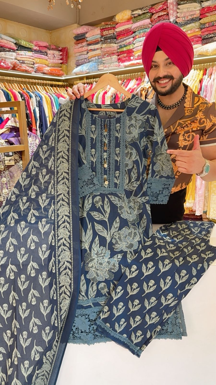 Navy Blue Pure Cotton Crochet lace Floral print Straight Suit with Beautiful Duppata