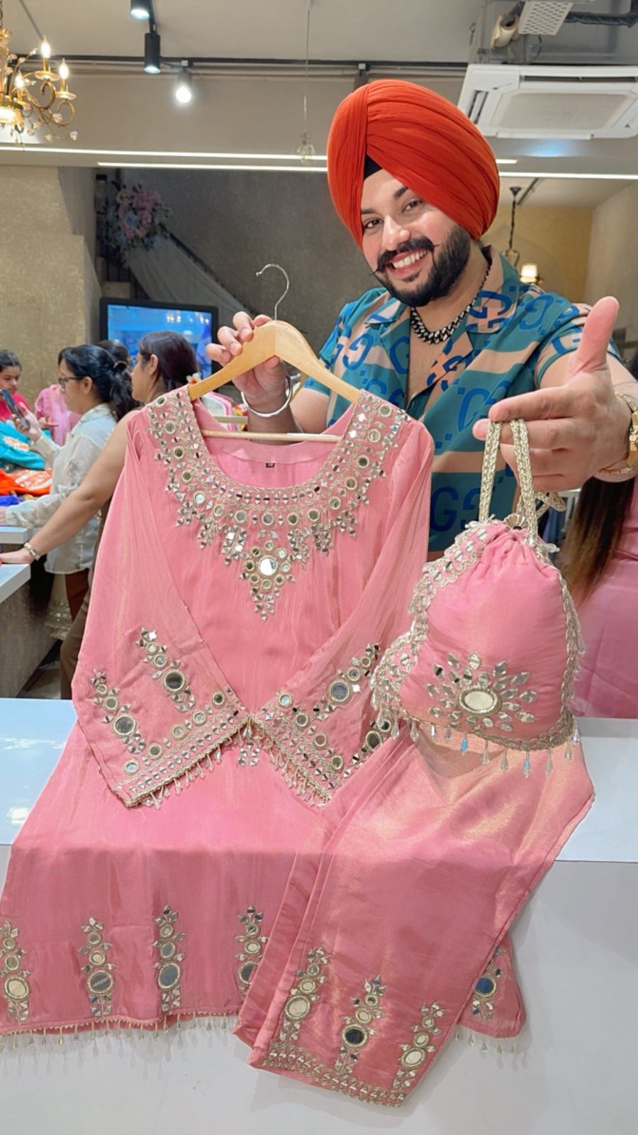 Pink Shimmer Silk Heavy Mirror Embroidered Indowestern Coordset With Styish Potli