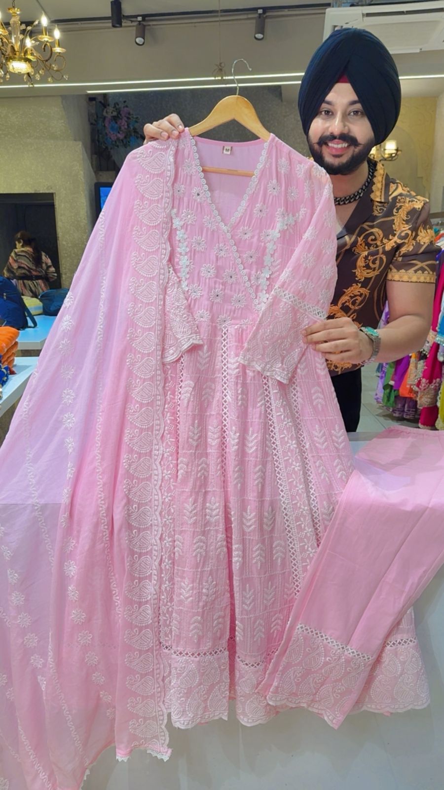 Baby Pink Mal Cotton Fully Embroidered Full Flair Anarkali Suit with Beautiful Duppata