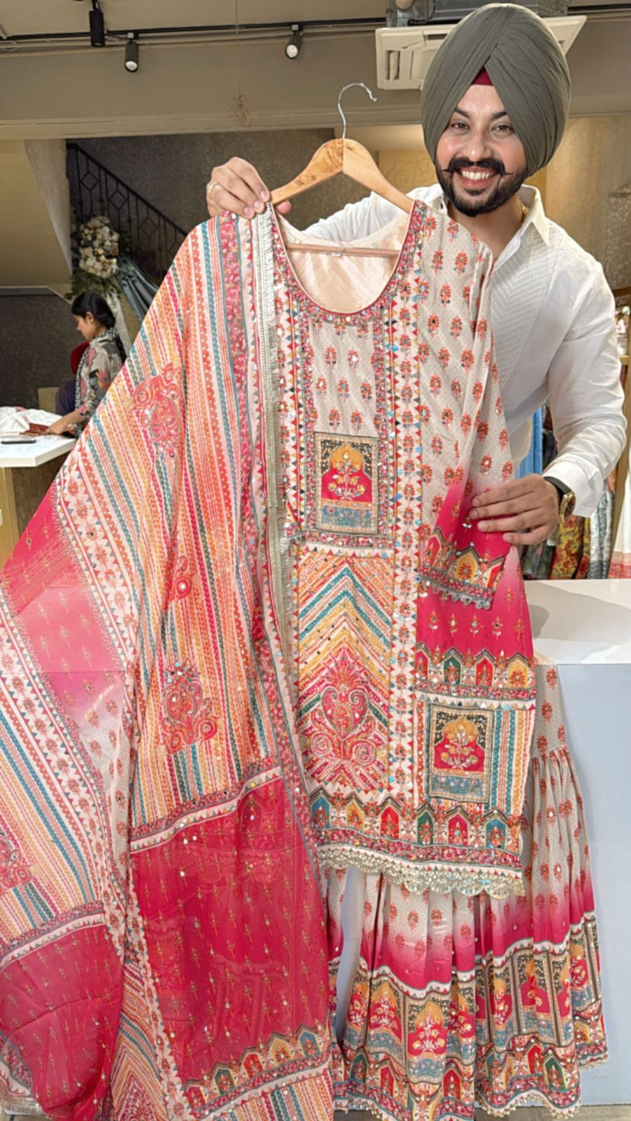 Greyish Beige & Rani Crepe Heavy Embroidery & Mirror pasting Full Flair Garara set with Beautiful Dupatta