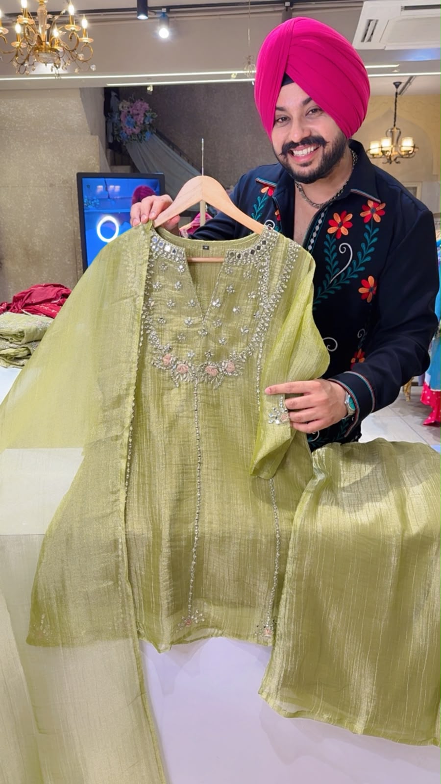 English Green Salsa Fabric Mirror work Indo western Girlish Paplum Suit