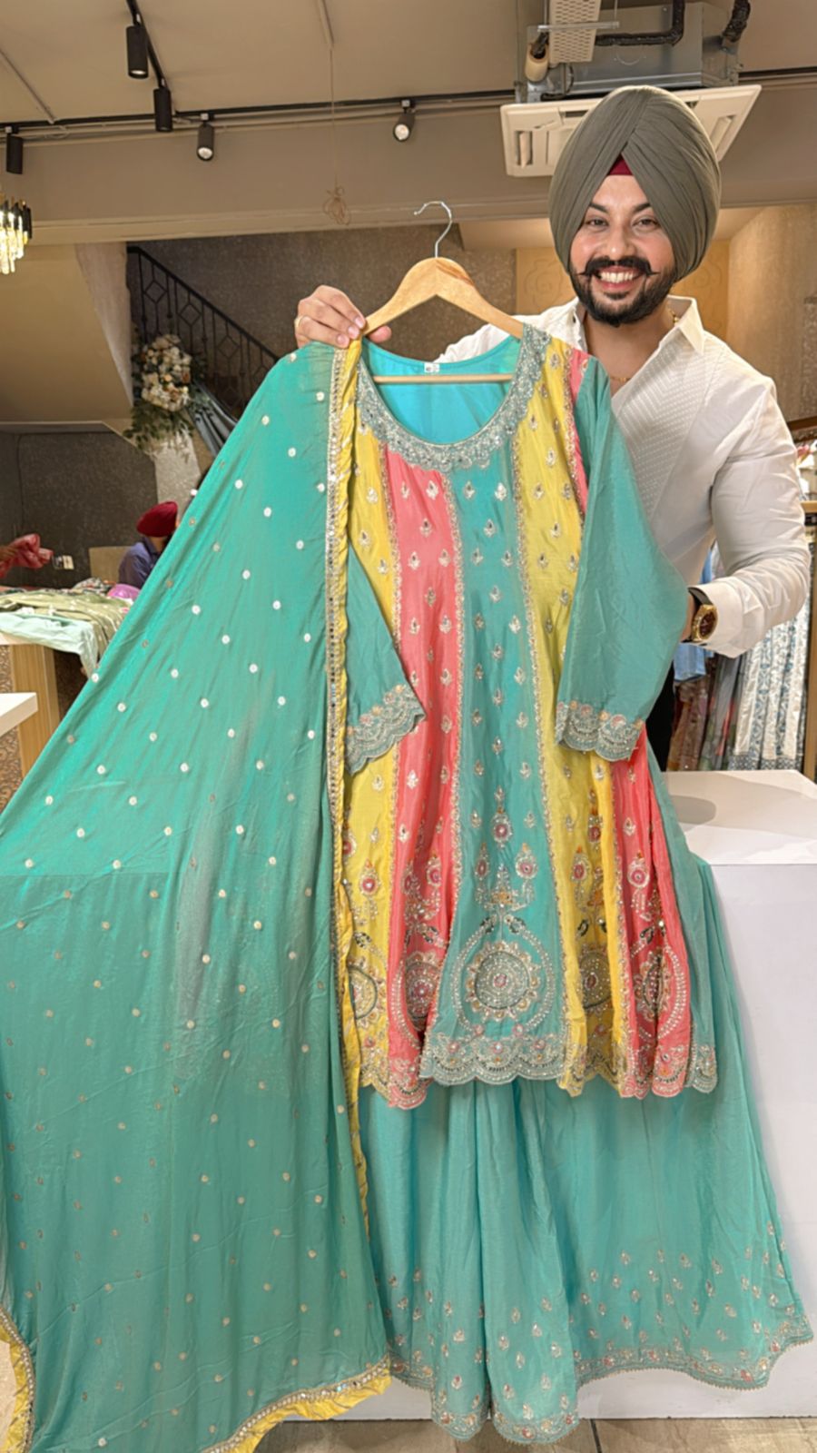 Light SeaGreen & Multicolored Chinon Heavy Embroidery Paplum Sharara