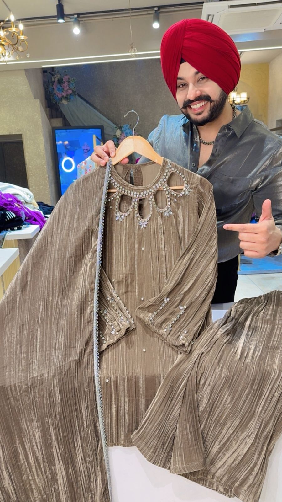 Light Brown Crush Velvet Designer Neck Heavy Stone Work Indo western Suits