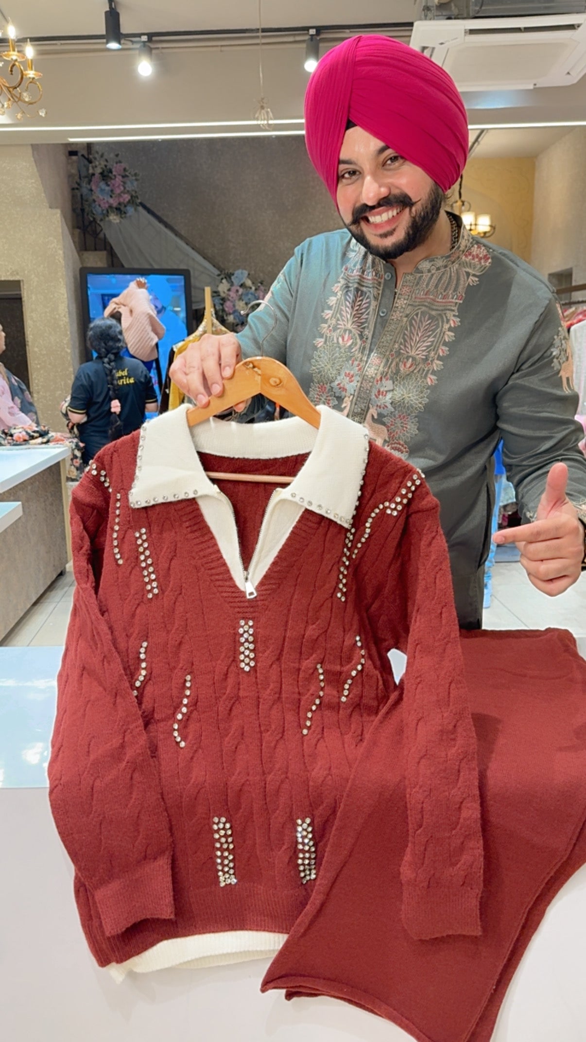 Rust Imported Woolen Heavy stone work Fully Strechable Party wear Coord set