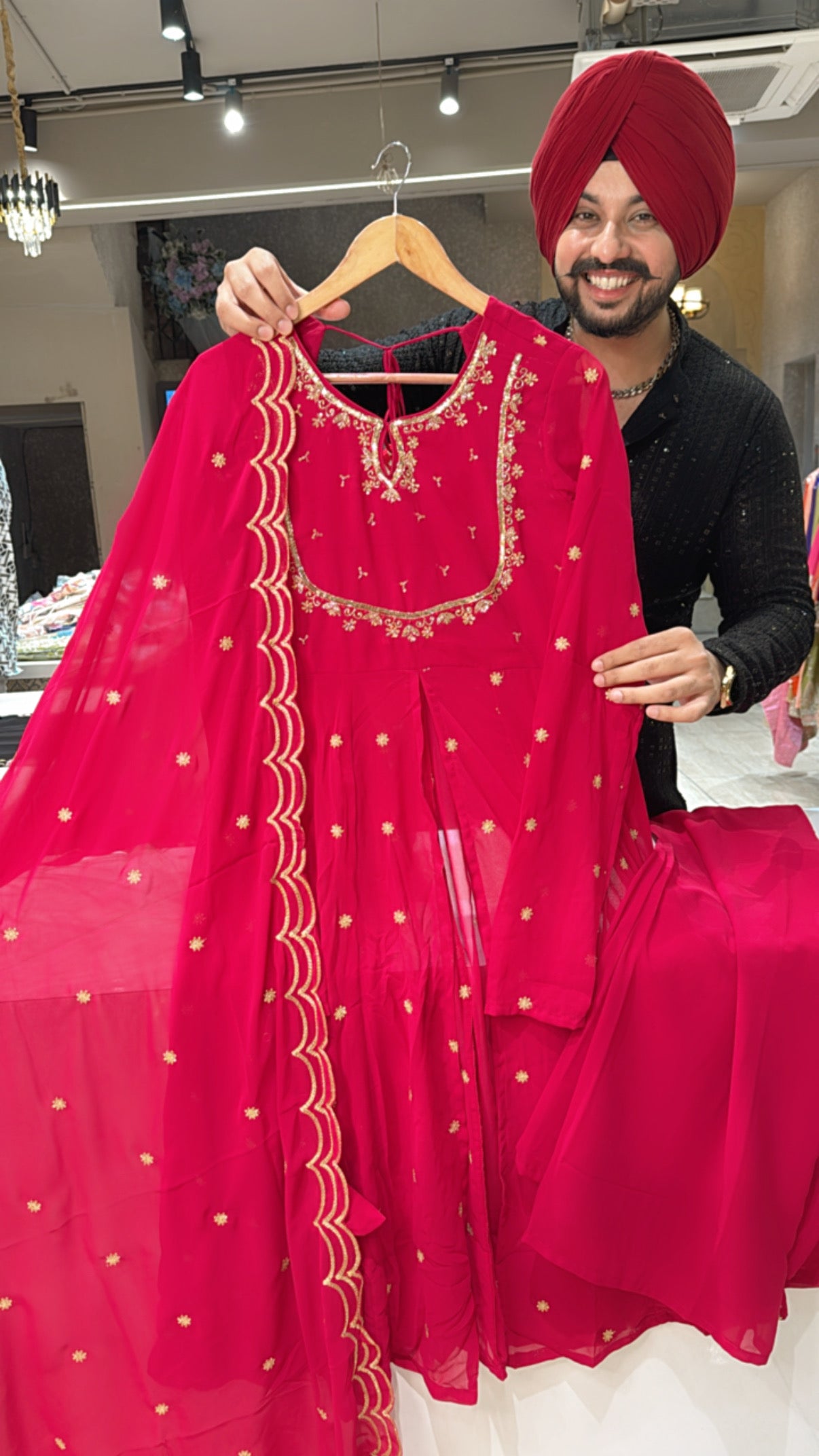 Rani Pink Georgette Hand embroidered Front Slit Plazo Anarkali suit