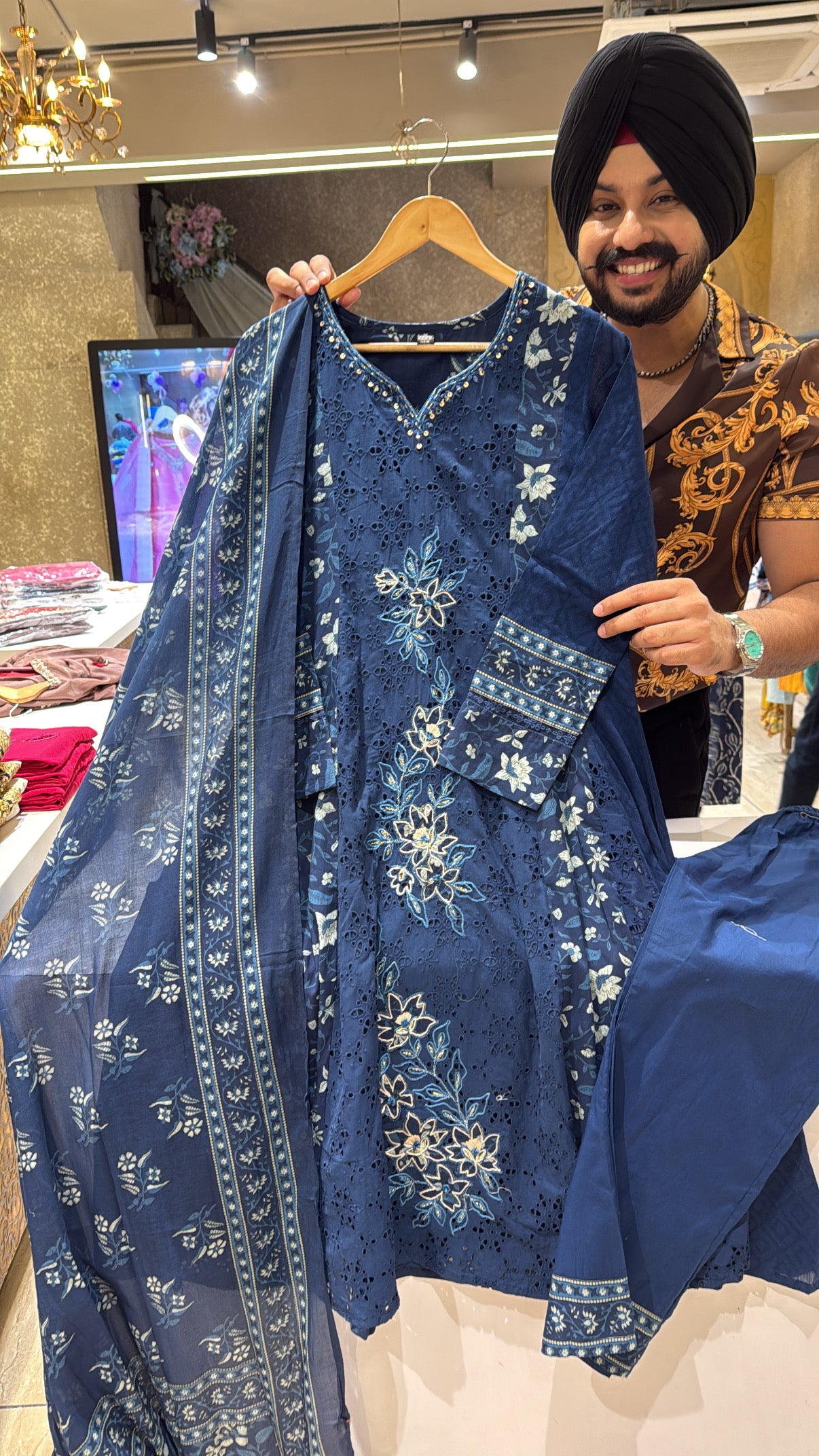 Blue Cotton Shifli & Embroidered Semi Party Wear Anarkali suit
