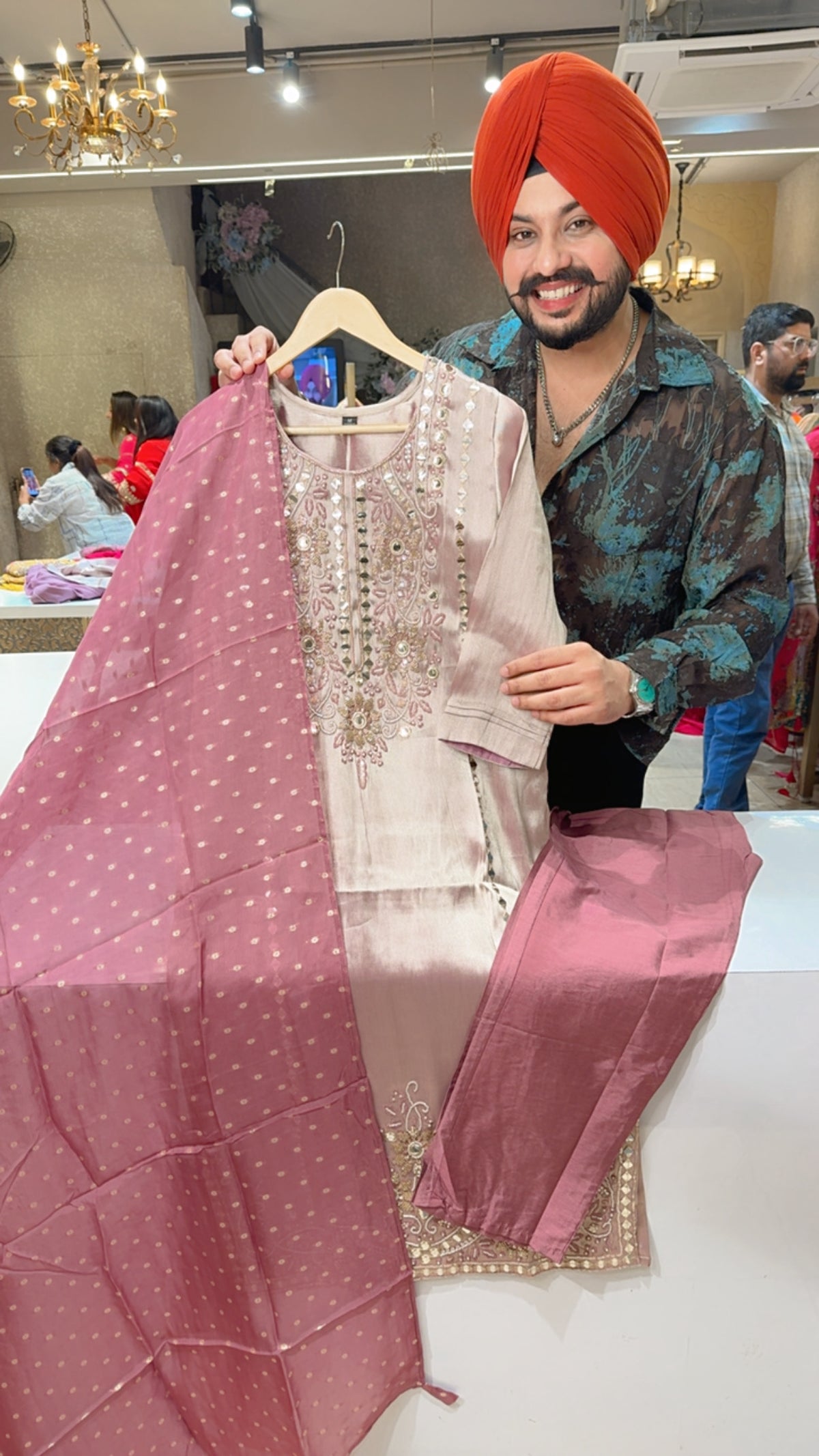 Pastel Onion Pink Hand & Pearl Work Party Wear Straight Suit
