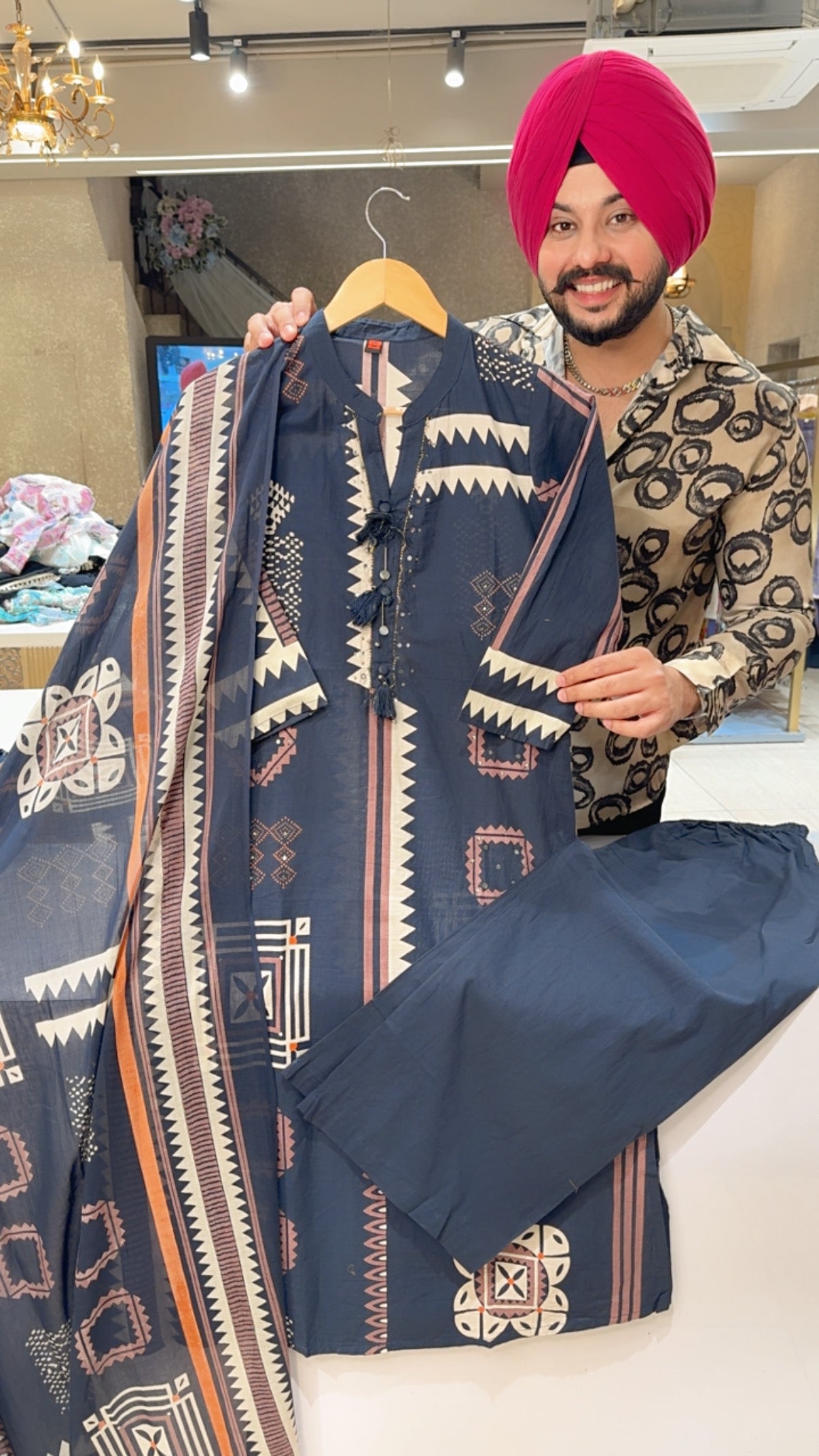 Navy Blue Pure Cotton Office Wear Suit with Sleek Hand embroidery work on Neck