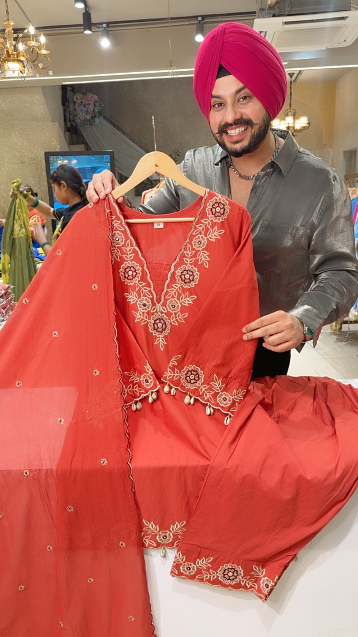 Rusty Orange Soft Cotton Embroidered & Shell Hangings Semi Formal Farshi Salwar suit