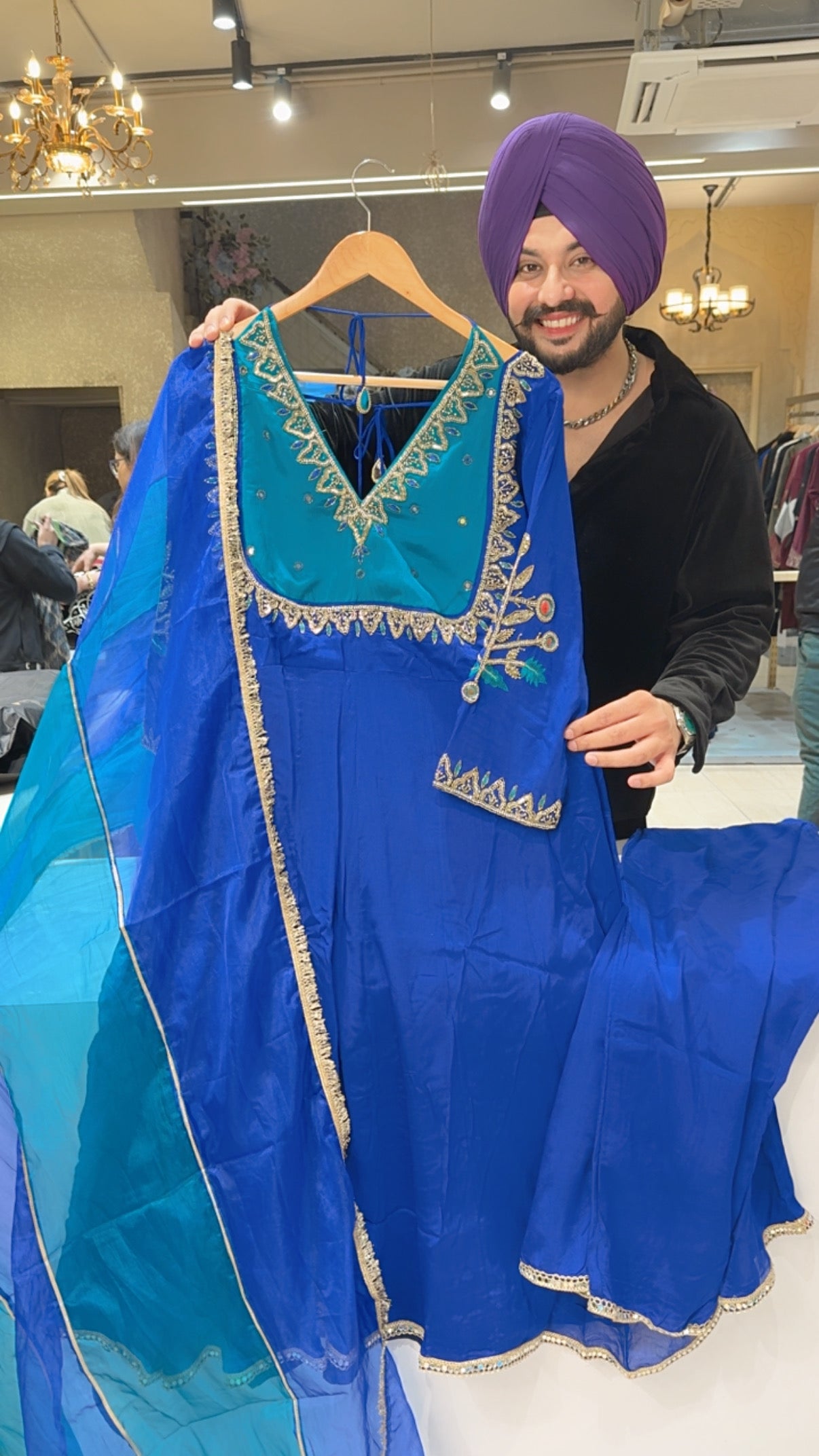 Royal Blue Pure Chinon heavy Hand embroidered Backless Anarkali Suit with Beautiful Organza Duppata