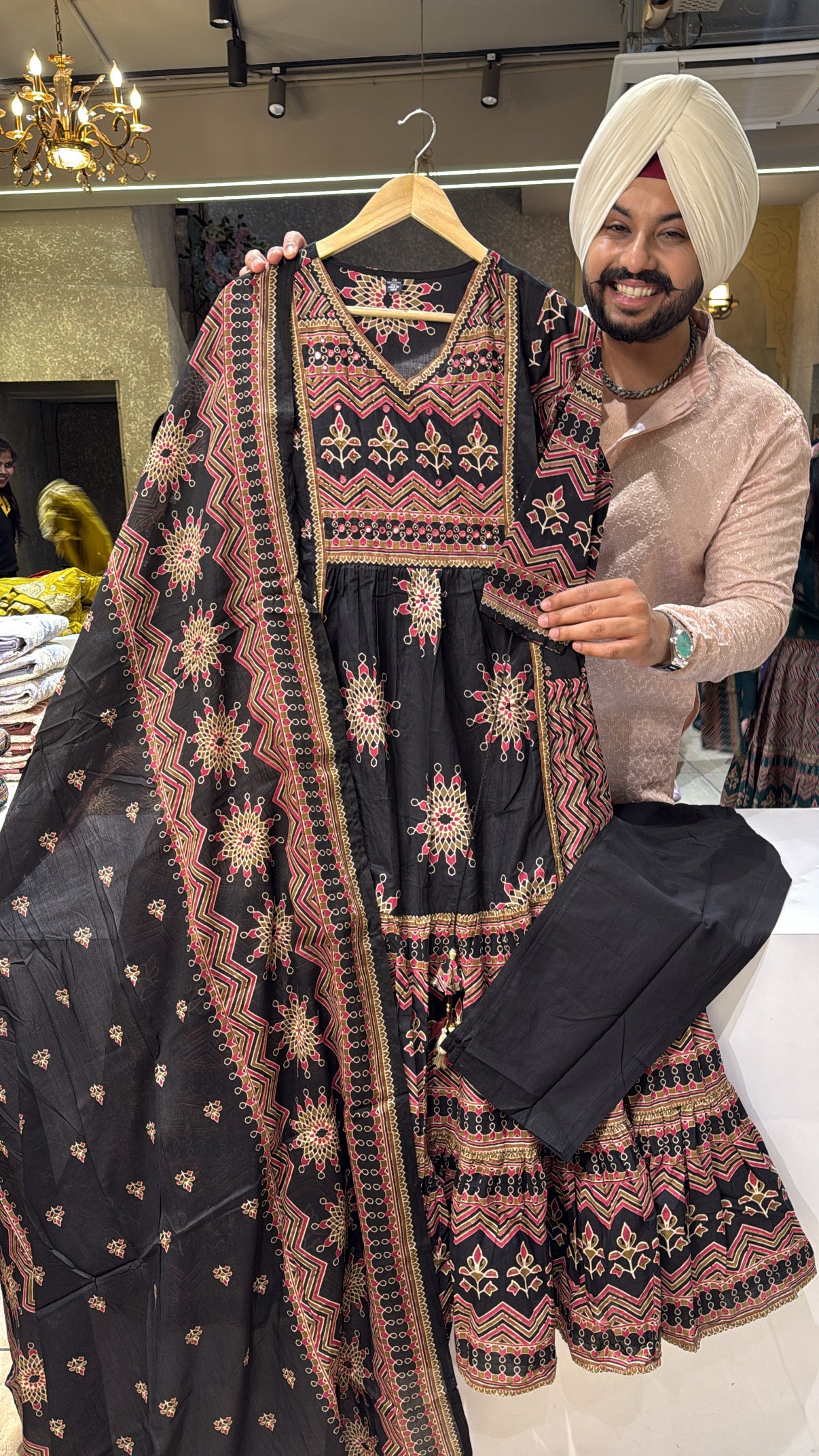 Black pure Cotton Full Flair Indowestern Anarkali Suits with Sleek Embroidery Work on Neck