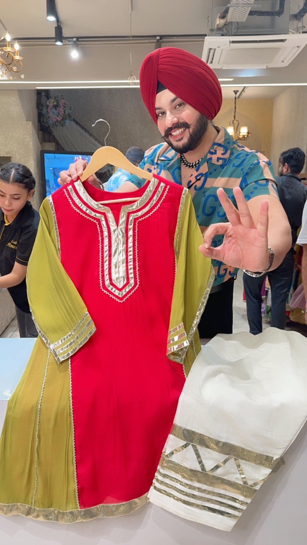 Vibrant Gajri & light Mehendi Soft Silk Celebrity Inspired Palum Gotta Patti Farshi Coord set