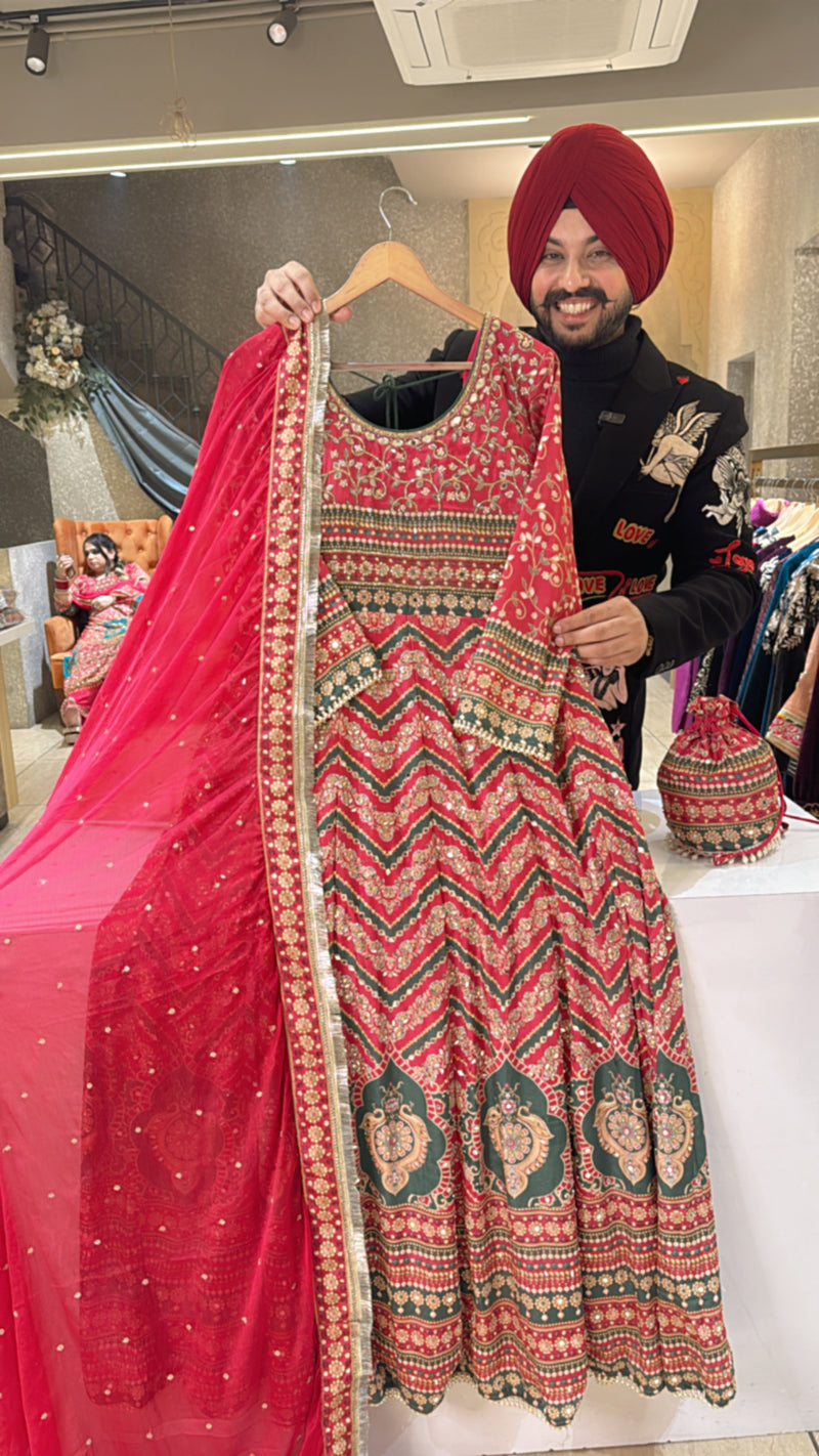 Vibrant Gajri Crepe Heavy embroidered & Gotta Work Farshi Anarkali Suit with Beautiful Duppata & Potli