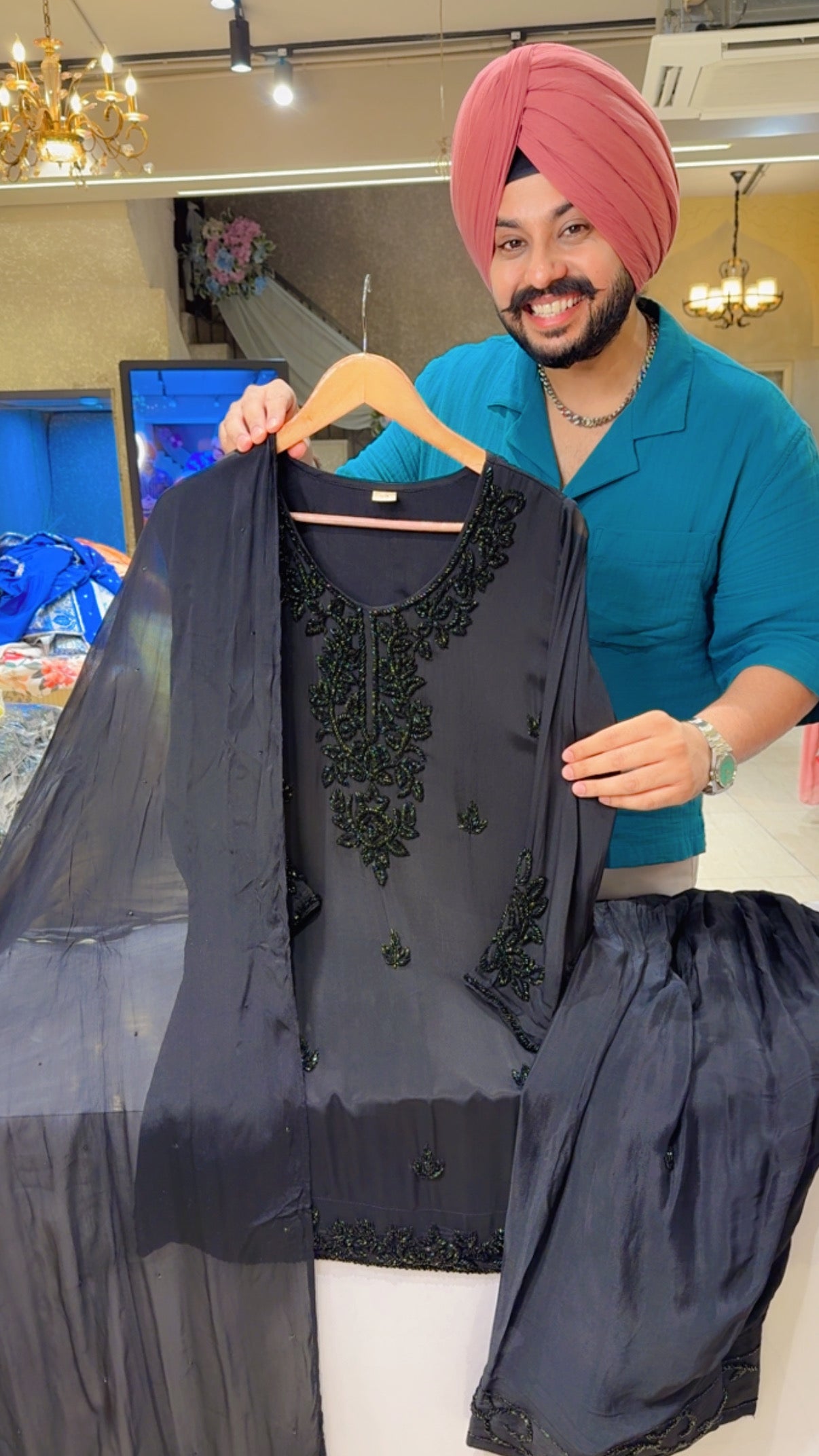 Black Chinon Heavy Crystal Hand embroidered Farshi Salwar Suit