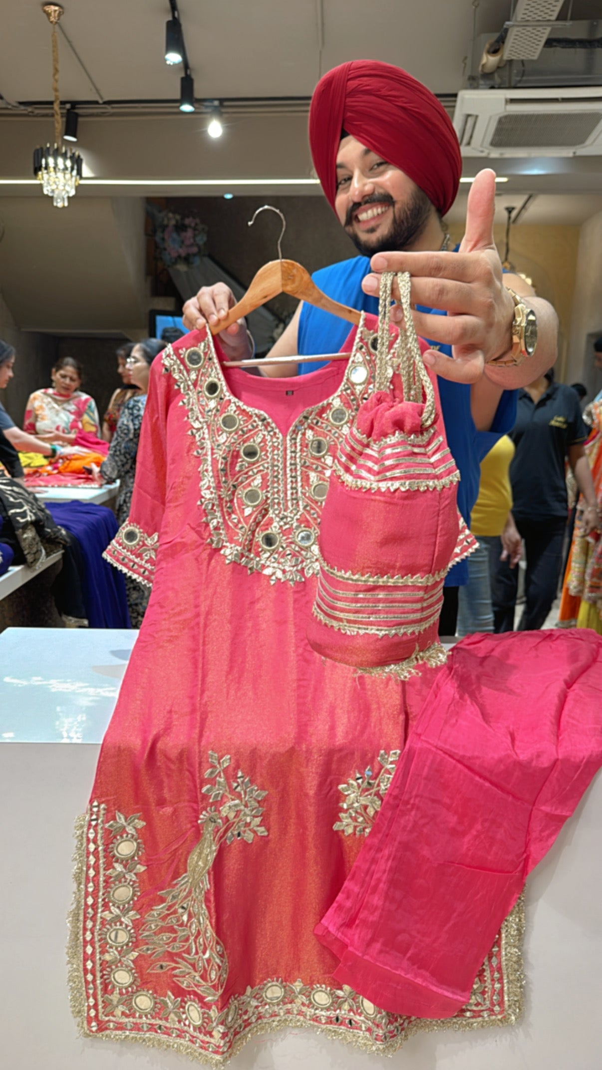Hot Pink Shimmer Organza Heavy Mirror & Gotta Hand embroidered Choga Coord set with Cute Potli