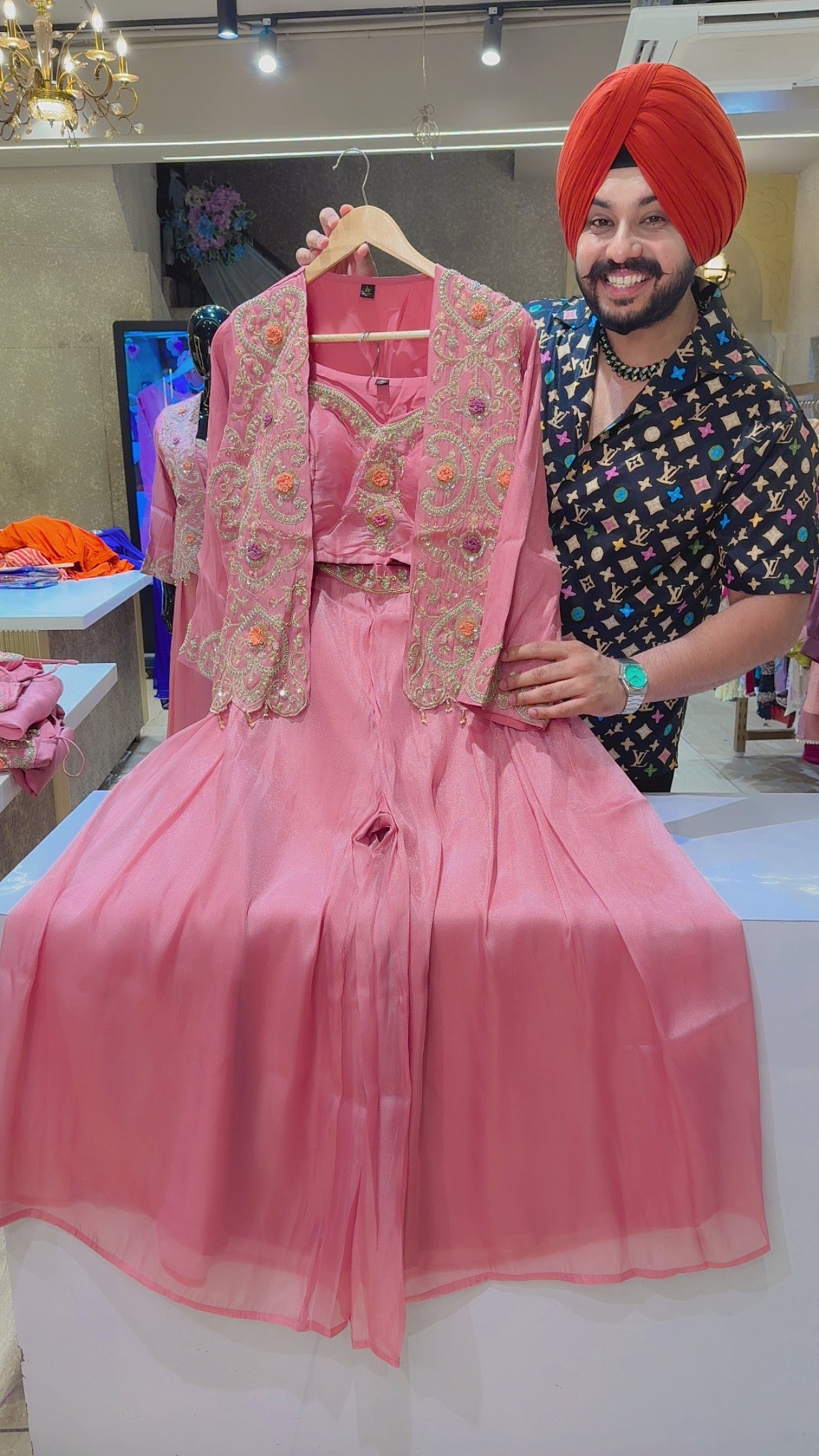 Pink Shimmer Tissue stylish Crop set with Hand Embroidered Short Jacket