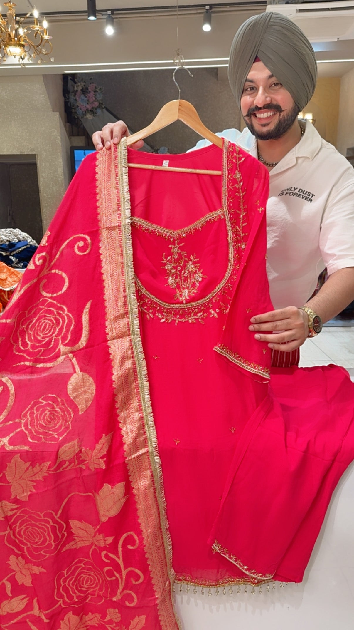 Hot Pink premium Georgette Heavy Hand embroidered Party wear Straight Suit with Banarasi Look Duppata