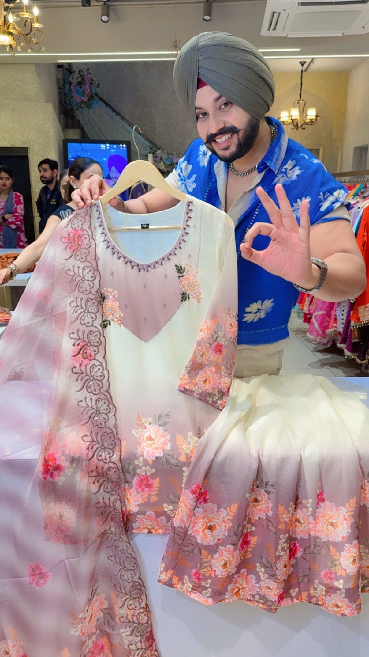 Cream & Onion Chiffon Hand embroidered Floral Print Full Flair Sharara Set with Soft Organza Sequins Work Duppata