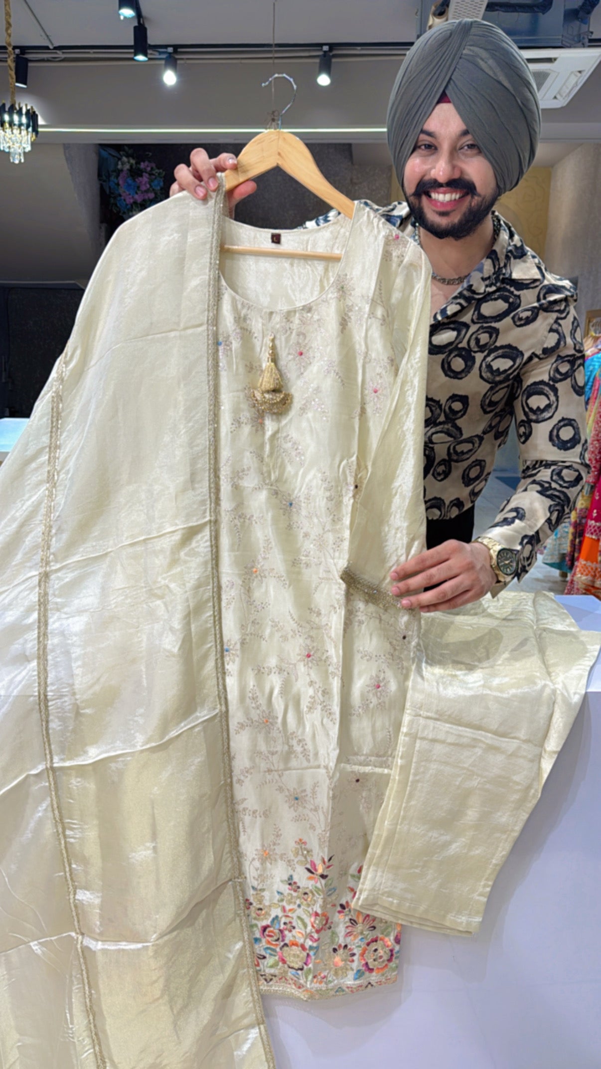Ivory Colour shimmer Silk Tissue Heavy embroidered Straight Suit
