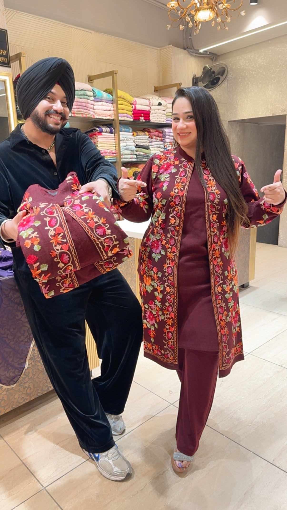 Maroon Woolen Long length Coord set With Heavy Kashmiri Embroidered Shrug