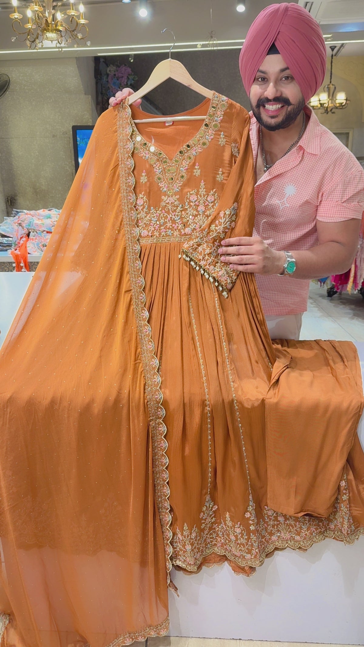 Rusty Brown Chinon embroidered Party Wear Full Flair Anarkali Suit