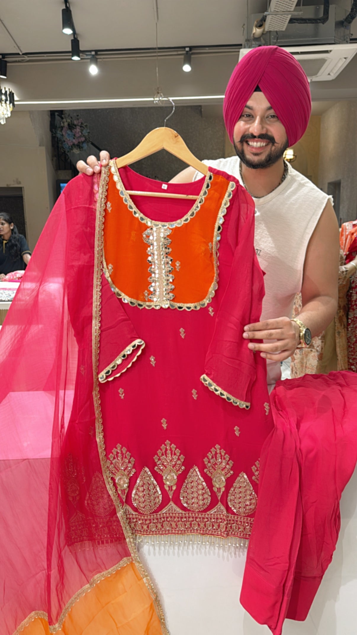 Hot Pink Georgette Hand embroidered Farshi Salwar Set with Beautiful Organza Duppata