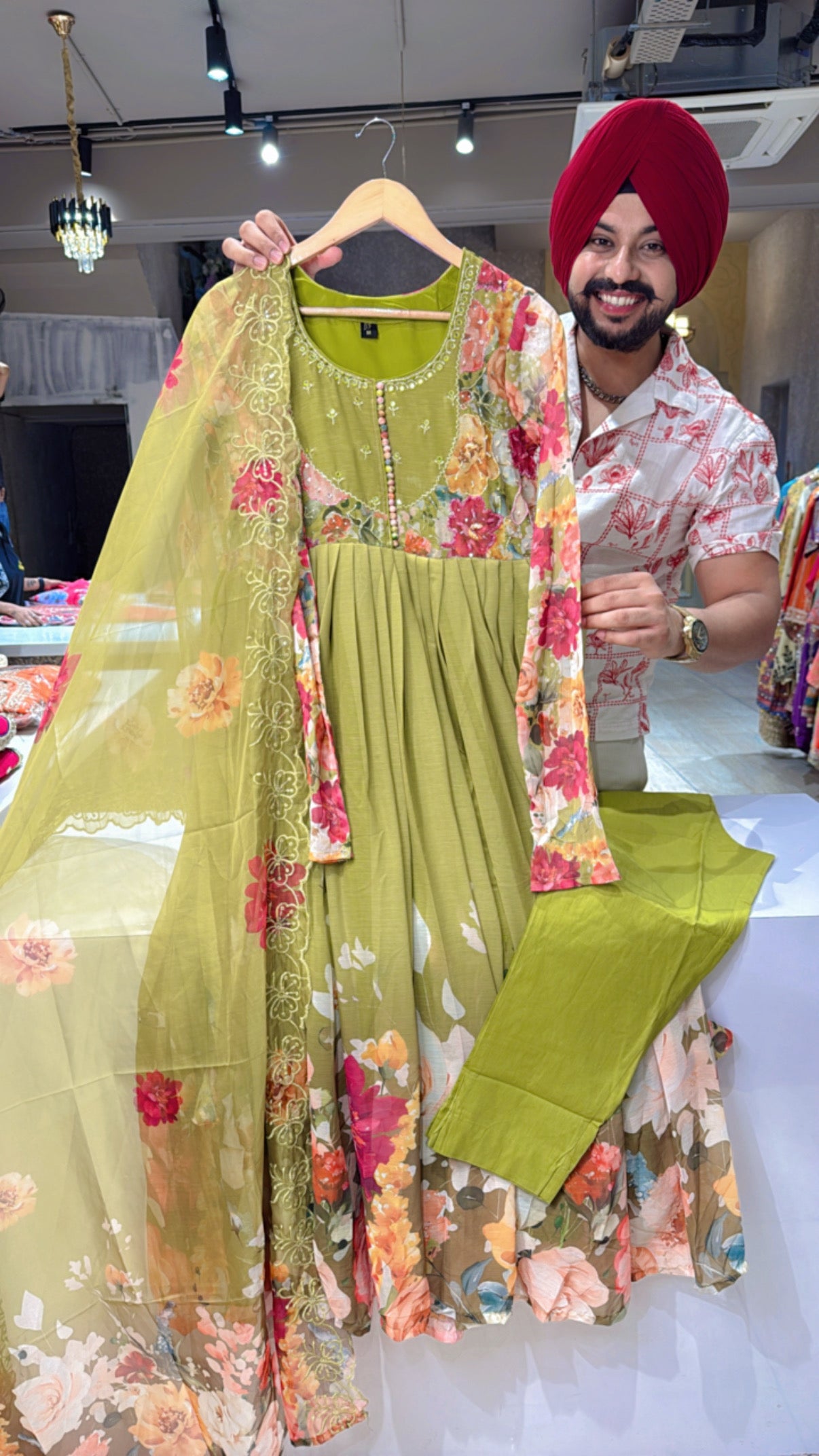 Light Mehendi Soft Chiffon Full Flair Floral Print Embroidered Anarkali Suit with Beautiful Organza Duppata