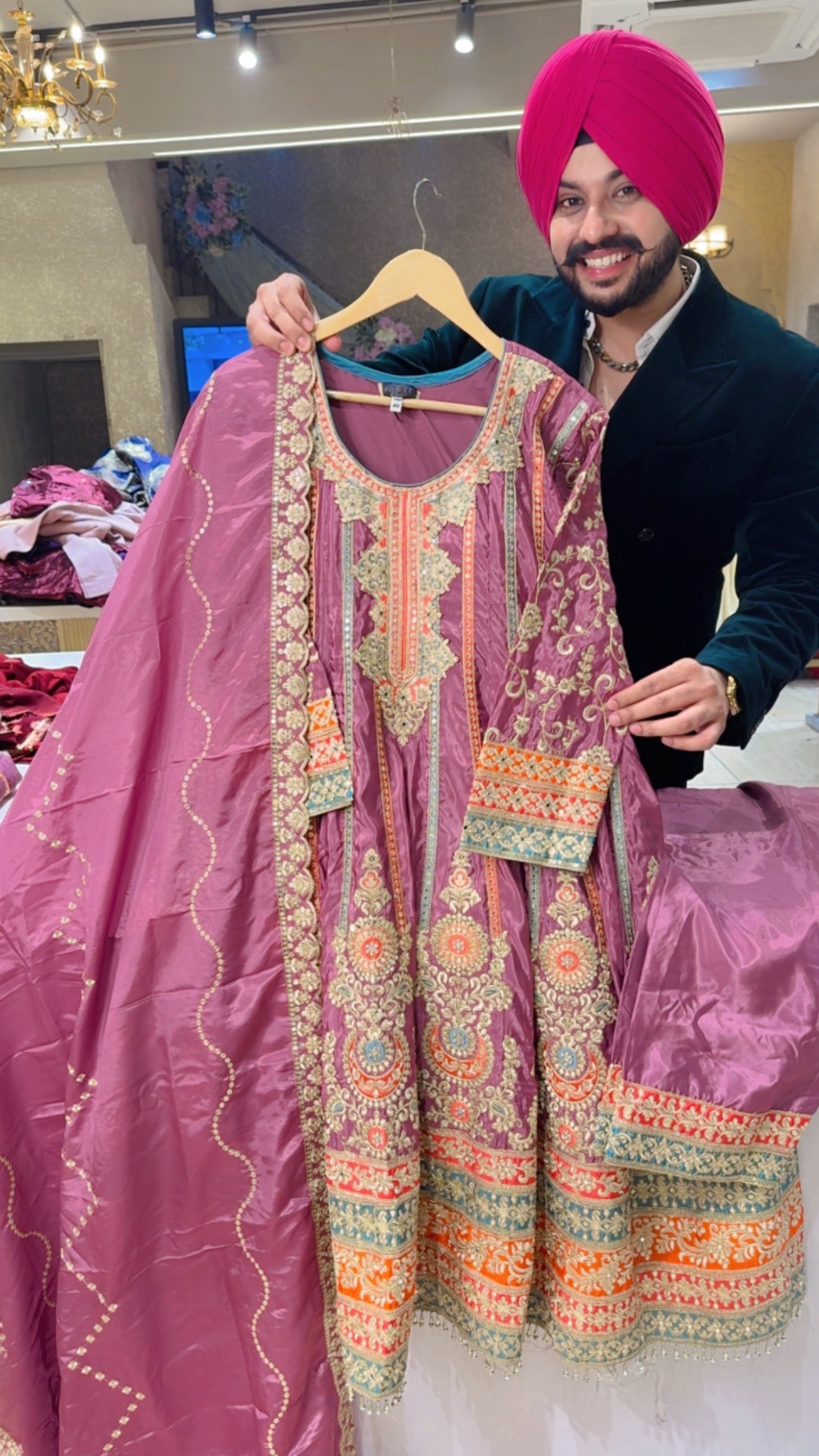 Onion pink Crepe Fully Embroidered heavy Anarkali suit With Beautiful Crepe Duppata