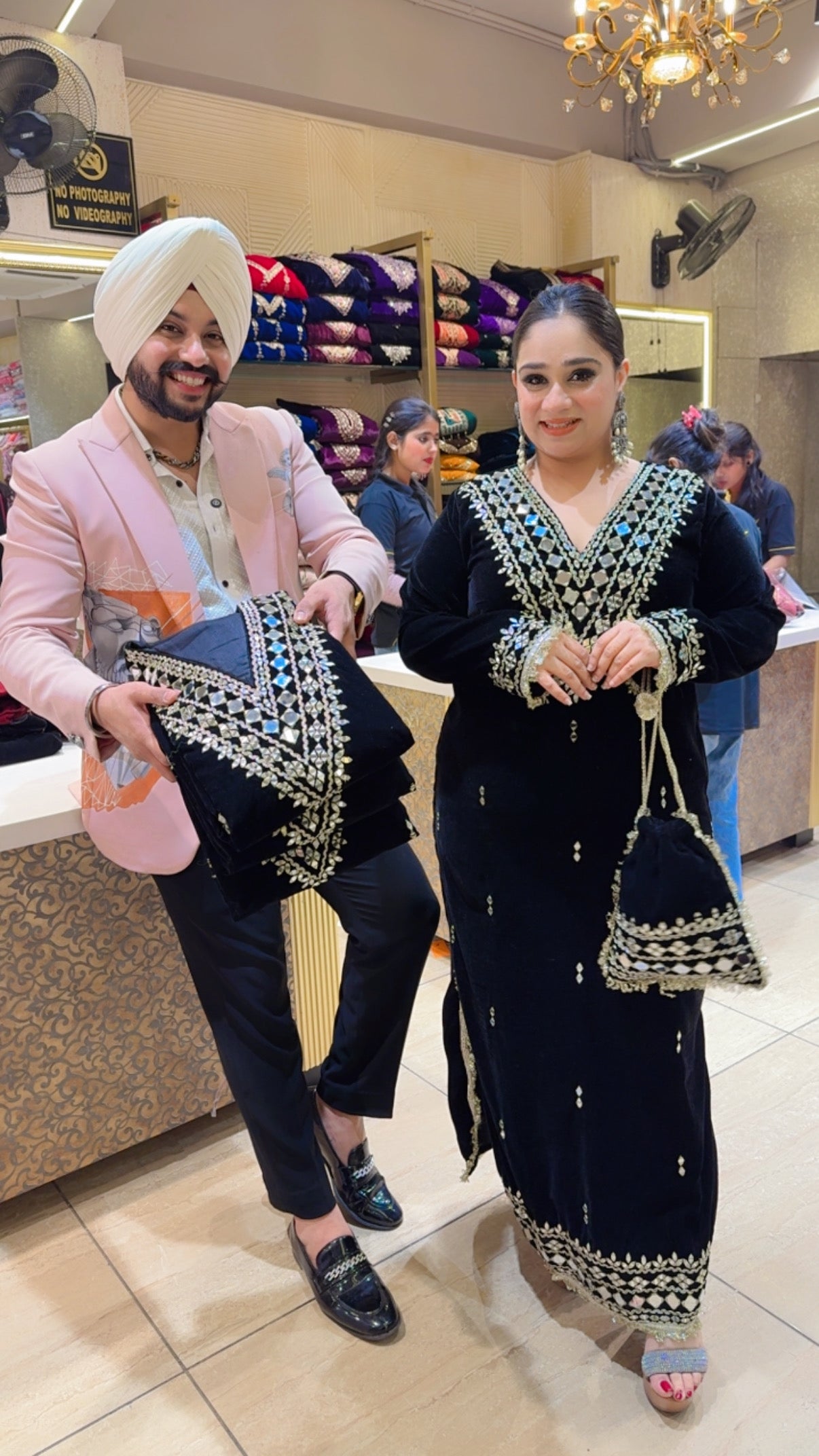 Black Velvet Heavy Mirror Work Straight Long Length Side Slit Dress with Mirror Work Potli