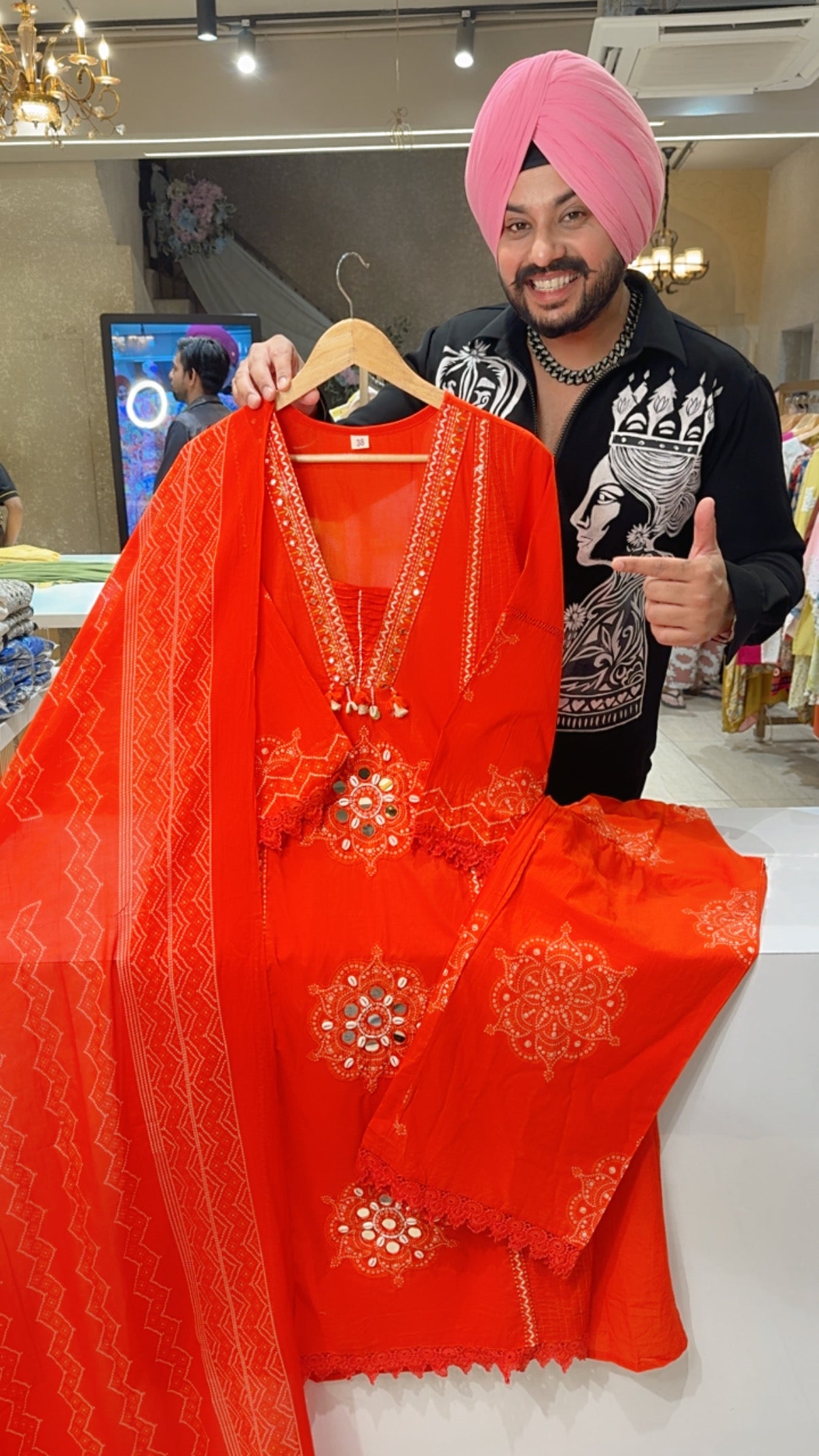 Orange Cotton Bandhej Print Mirror & Shell Work Semi Formal Suit