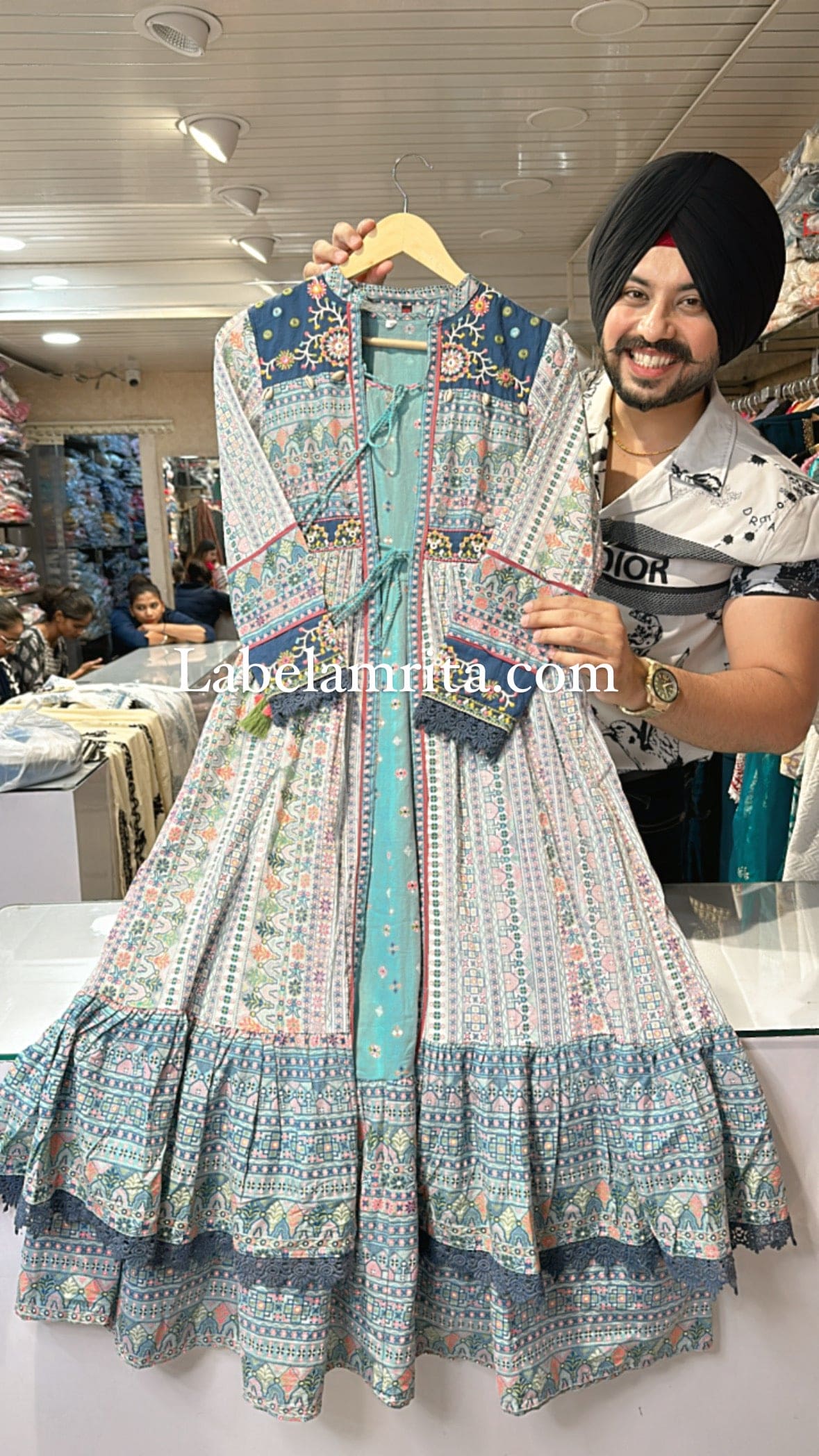 Light Blue Pure Cotton Indowestern Dress with Printed & Embroidered Stylish Shrug