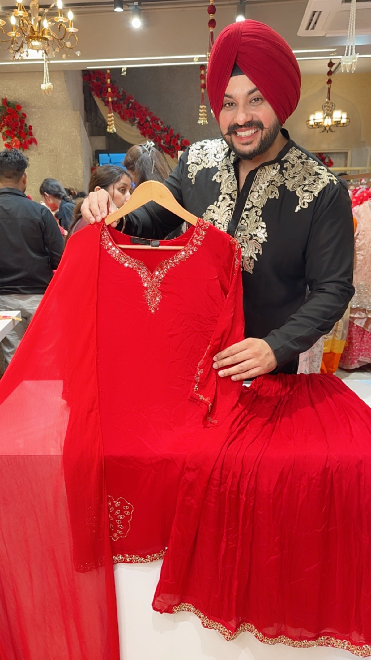 Red Chinon Hand Embroidered Full Flair Sharara Suit with Chiffon Duppata