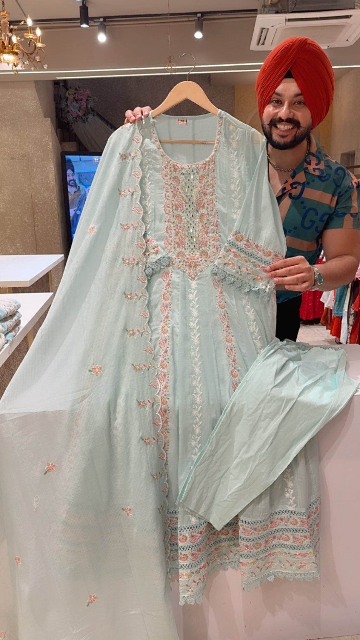 Light Seagreen Mal Cotton Fully Embroidered party Wear Anarkali Suit with Beautiful Kota Doria Embroidered Duppata