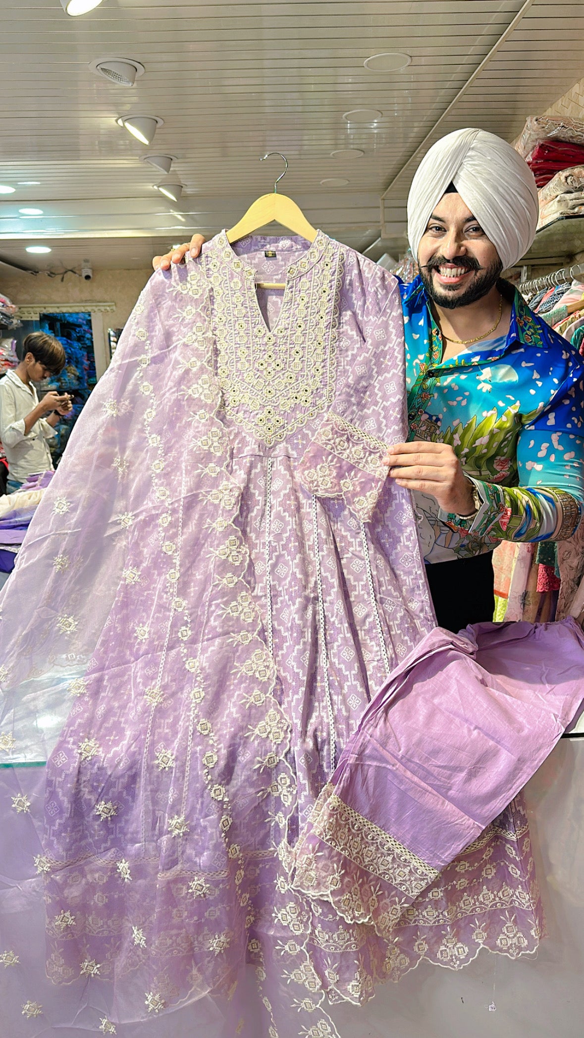 Lavender Pure Cotton Embroidered Anarkali suit with Beautiful Organza Duppata