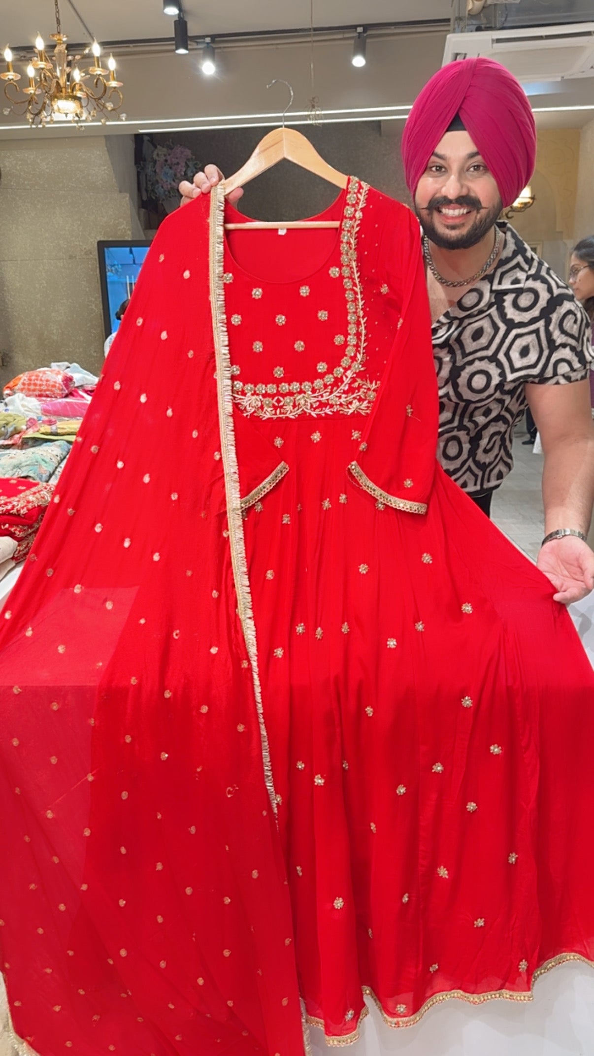 Red Chinon Hand Embroidered Party Wear Full Flair Anarkali Gown with Sequins Work Duppata