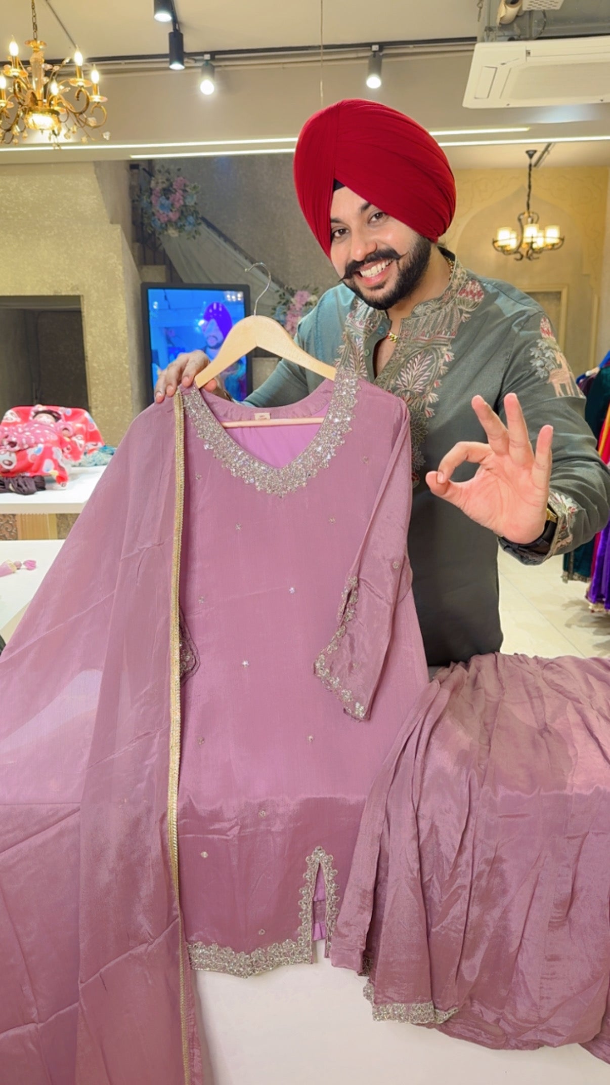 Mauve Chinon Front Slit Hand Embroidered Full Flair Sharara Set With Sleek Chiffon Duppata