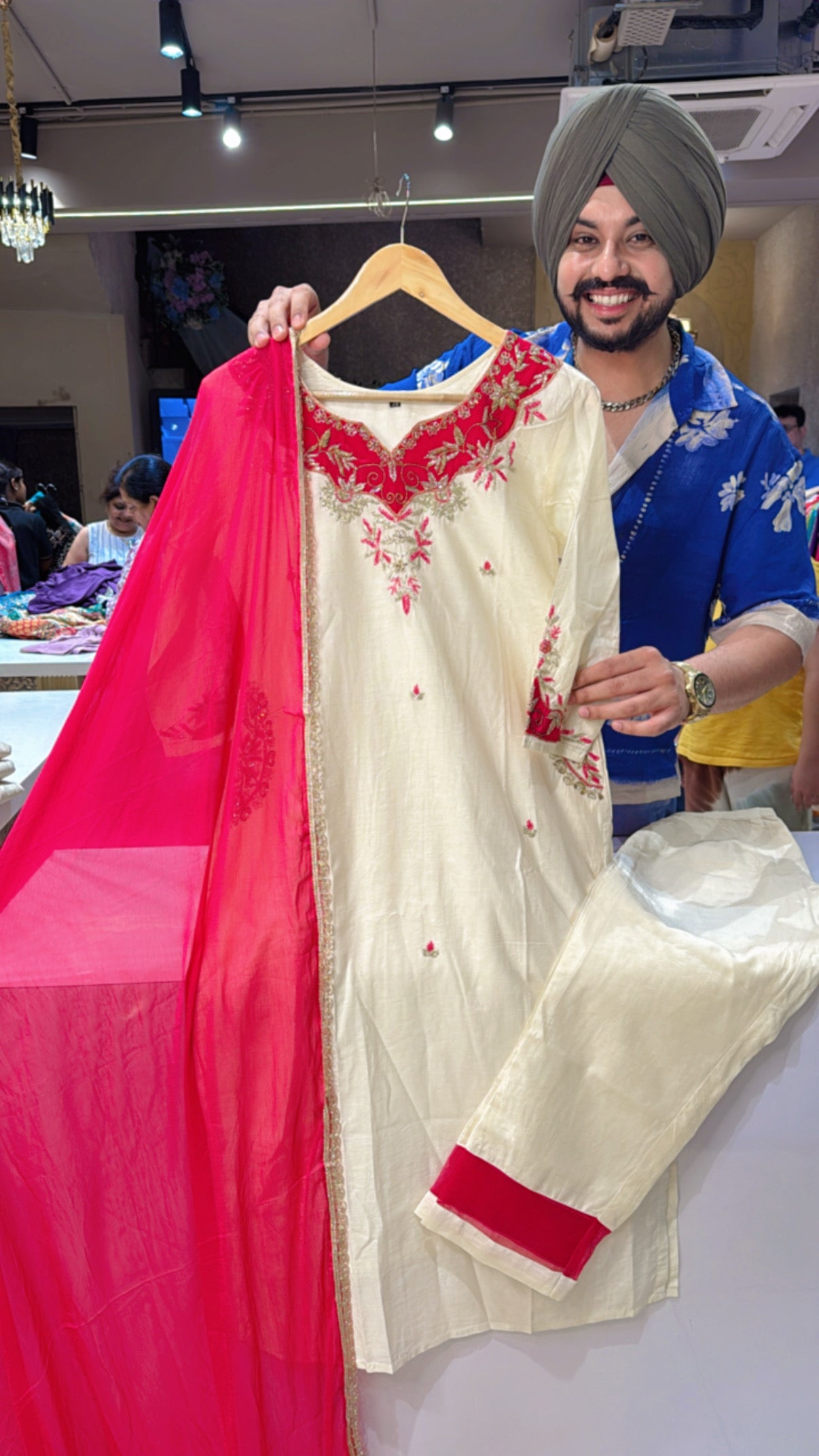 Off white & Rani Hand embroidered Designer Straight Suit