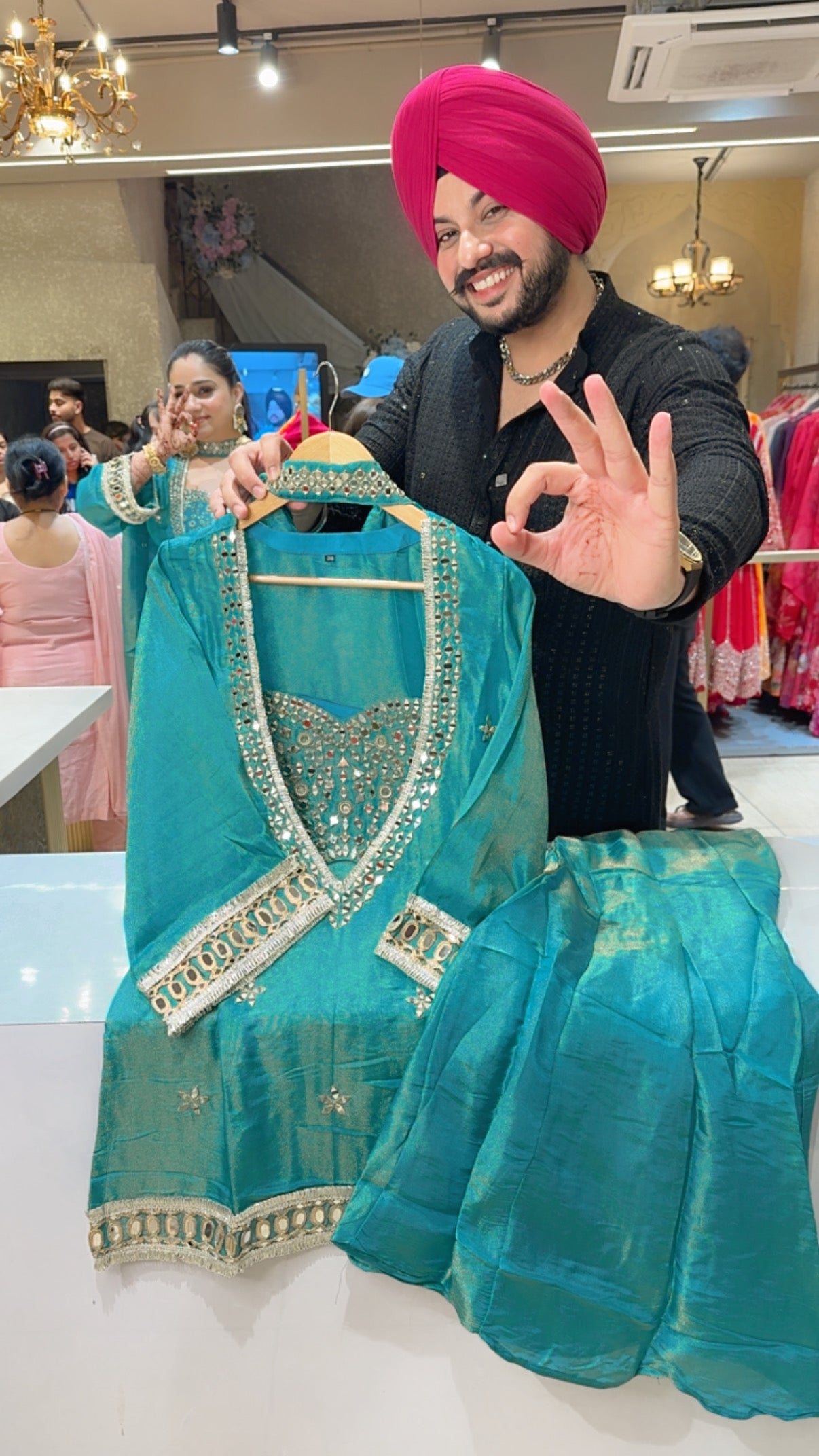 Light Firozi Shimmer Silk Tissue Designer Bell Bottom Sharara Coordset with Heavy mirror work on it & Bustier