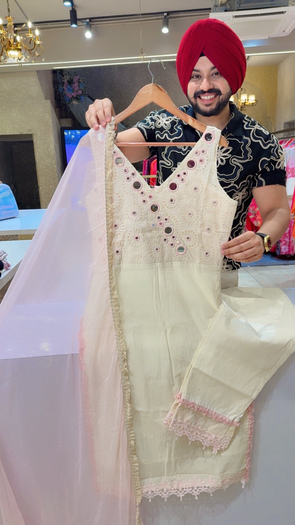Off White Kora Cotton Shifli & Mirror Work Cut Sleeves Straight Suit with Beautiful Chiffon Duppata