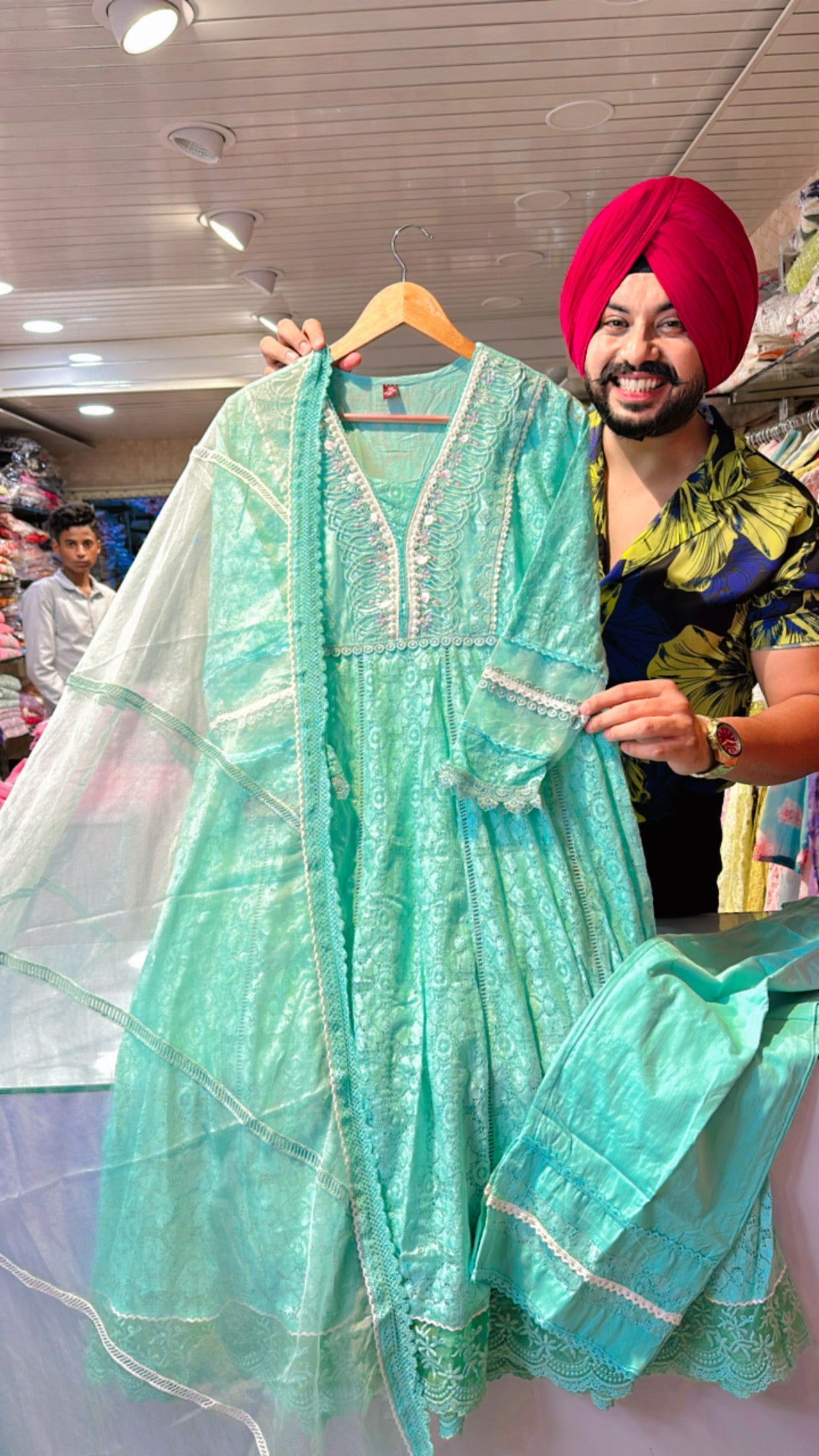 Light Sea Green Crochet lace Anarkali suit with Beautiful Organza Duppata