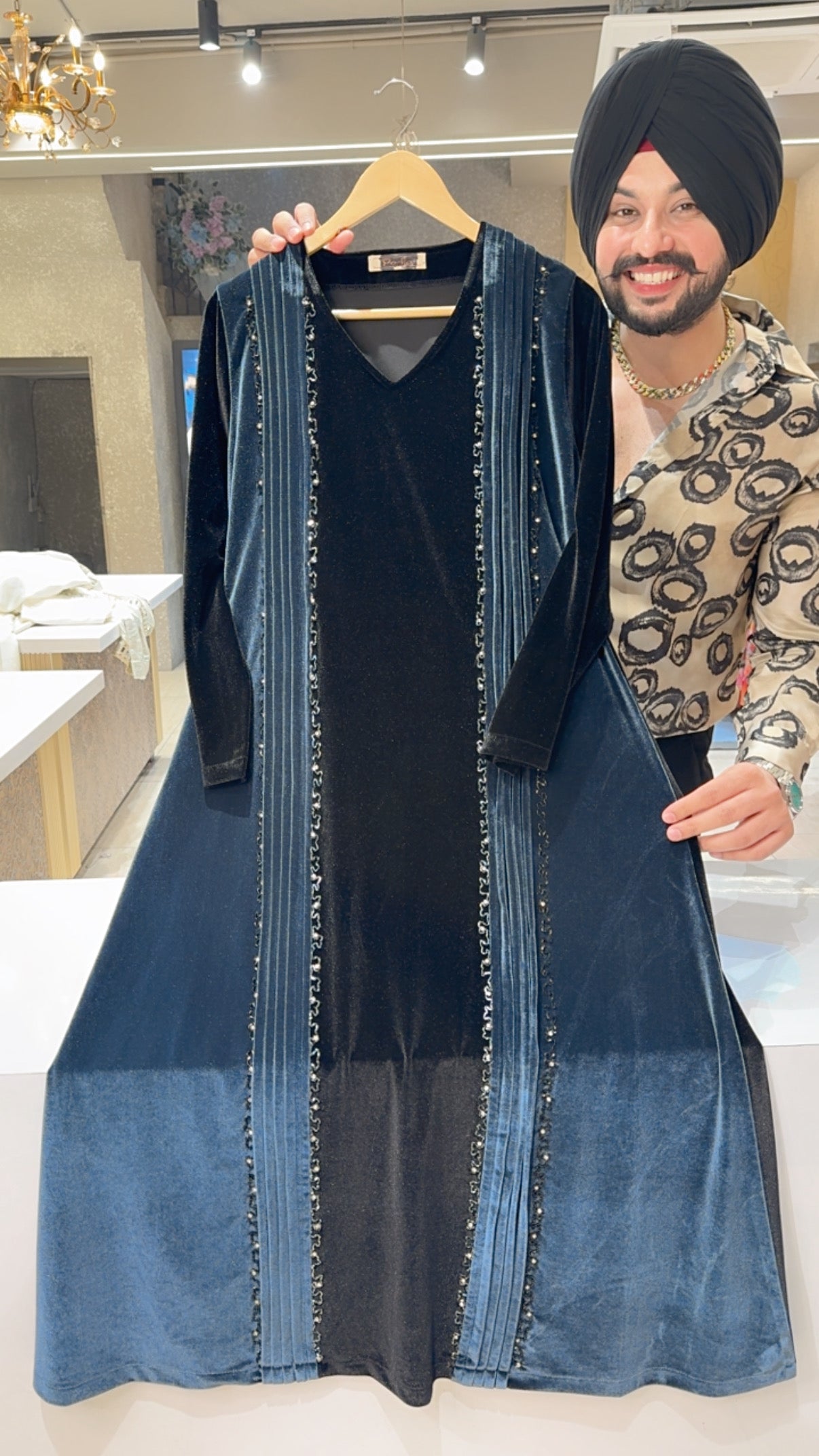 Black & grey Premium Stretchable Velvet Hand Embroidered Party Wear Dress