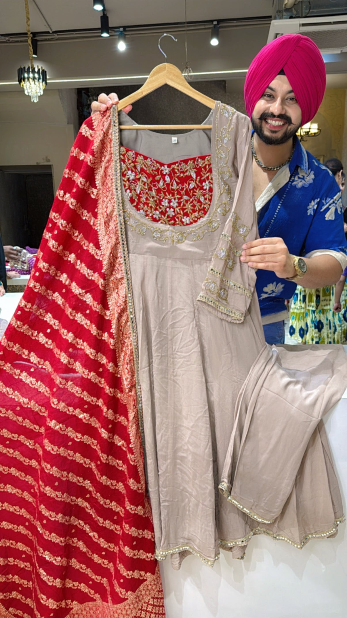 Light Cheeku & Deep Red Georgette Heavy Hand Embroidered Partywear Anarkali suit with Beautiful Banarasi Look Duppata